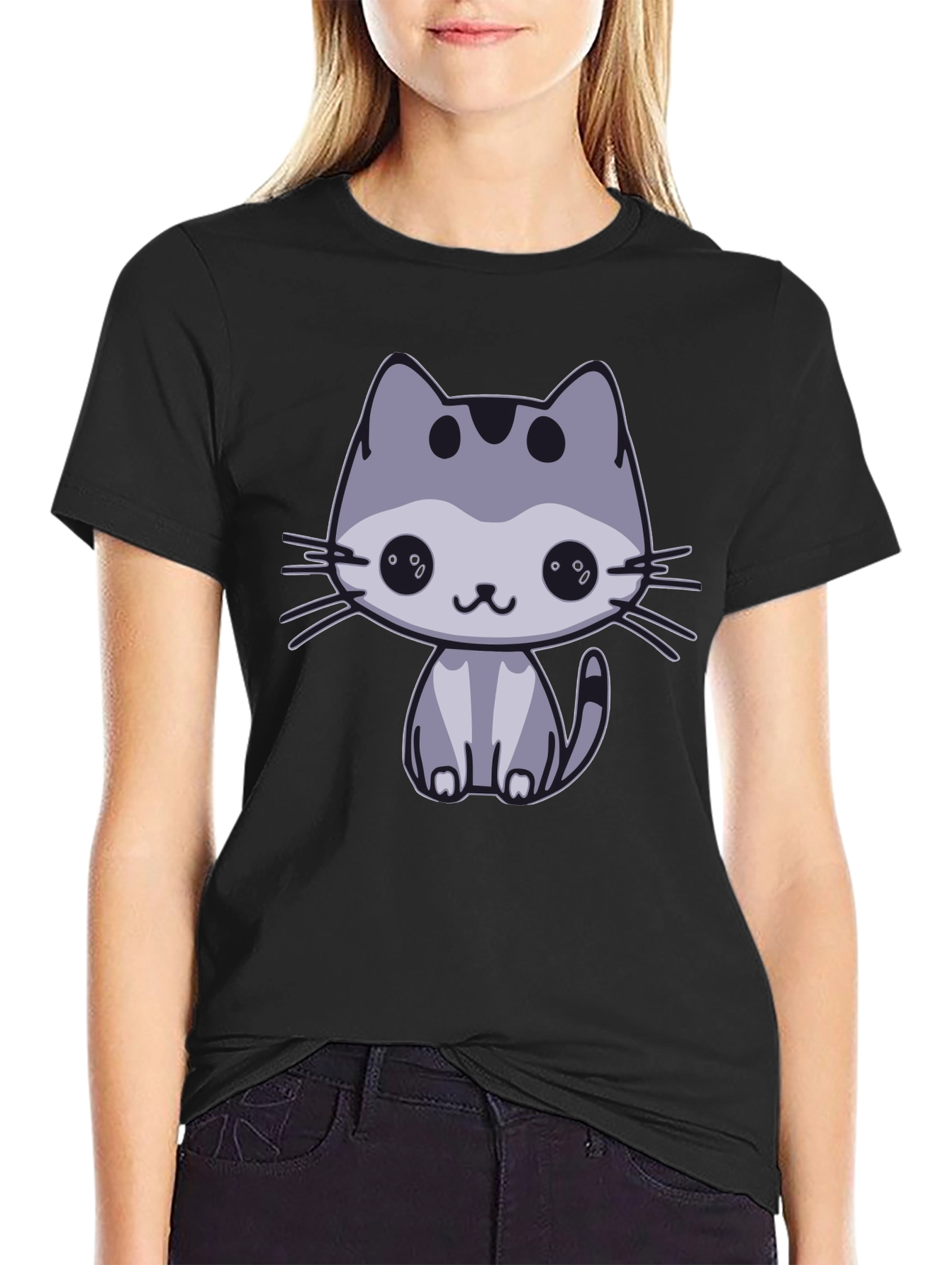 Black Cute Cat Graphic Black T-Shirt view 2
