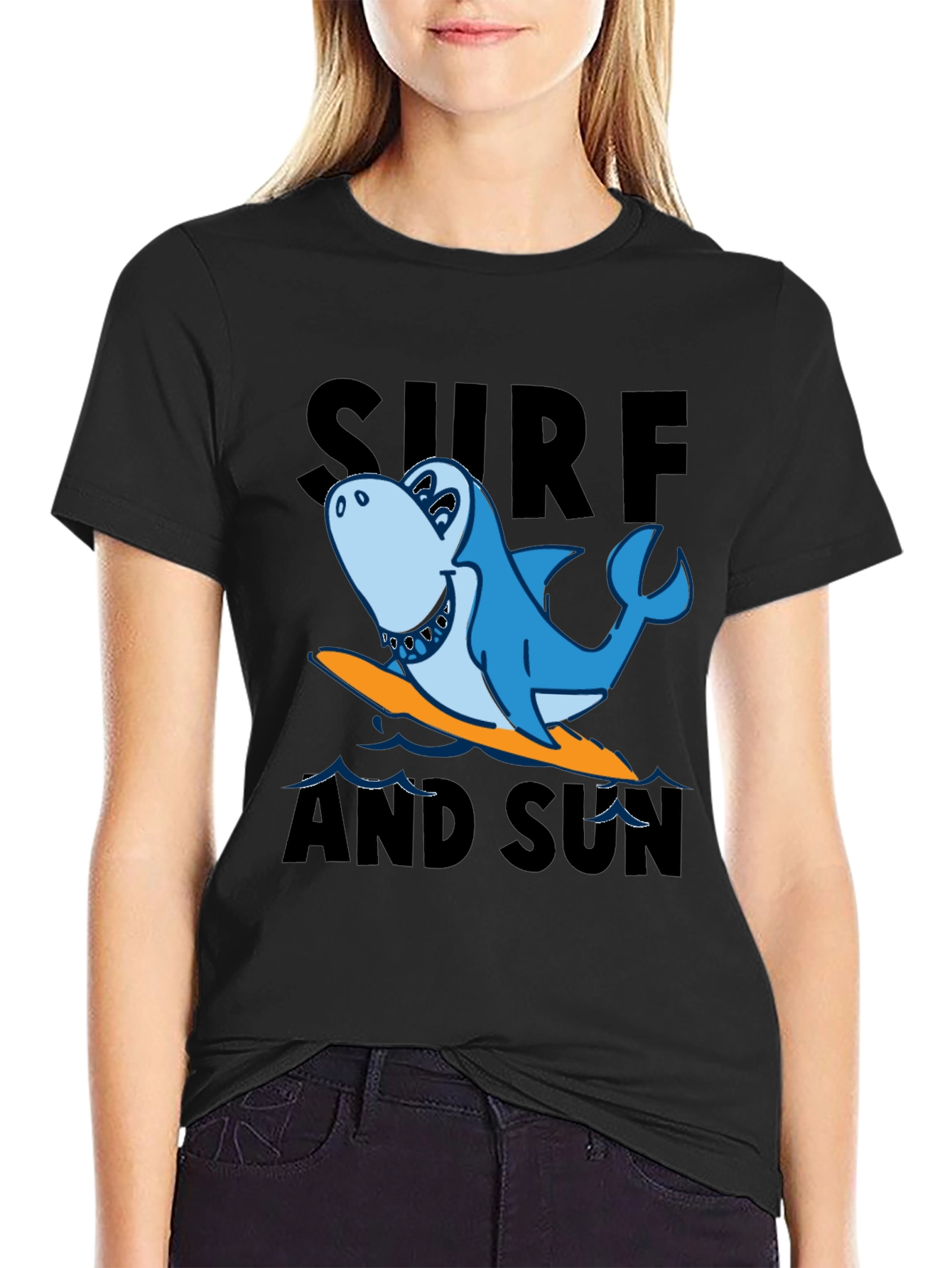 Black Surf & Sun Shark T-Shirt - Black Cotton Tee view 2