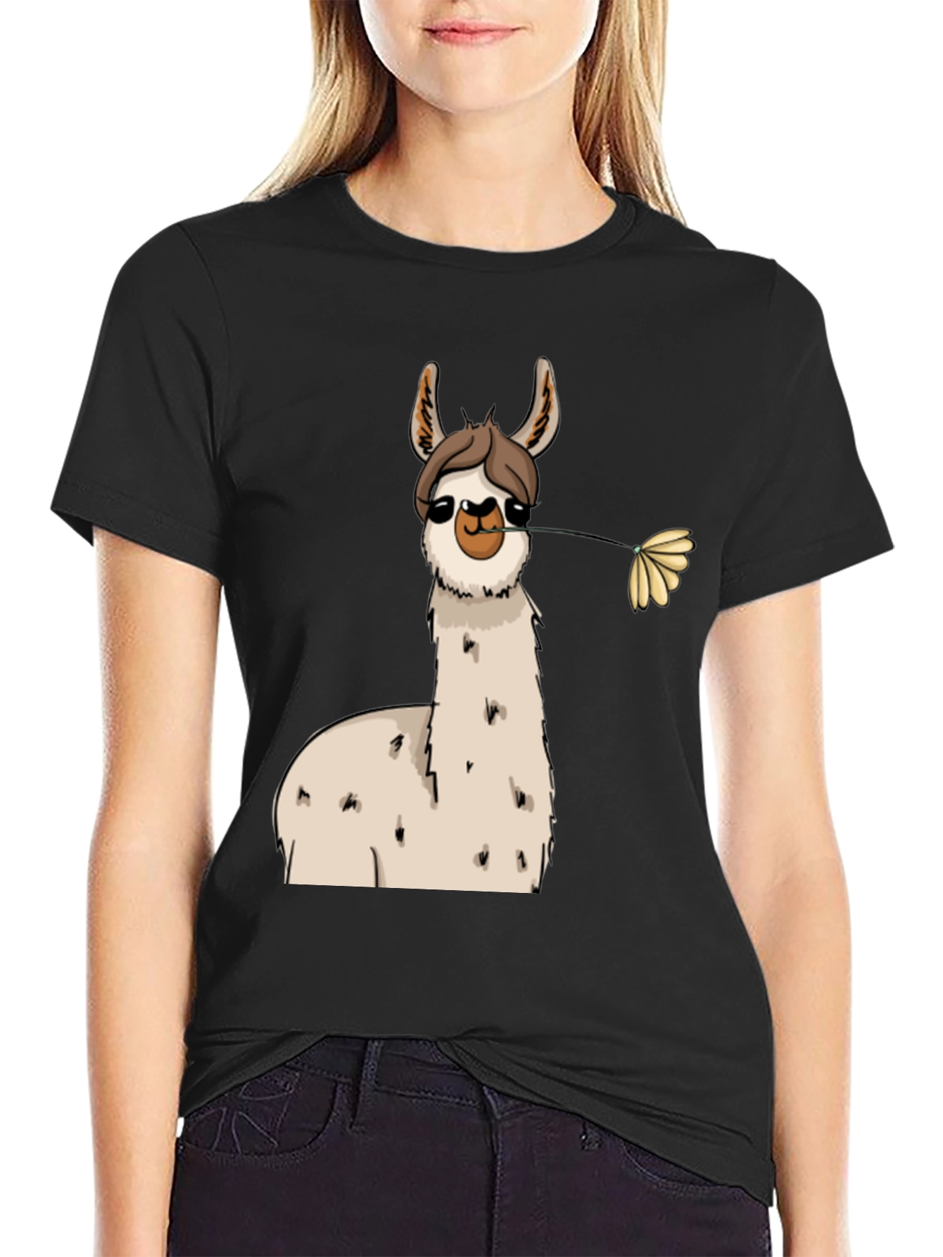 Black Llama with Flower Black T-Shirt view 2