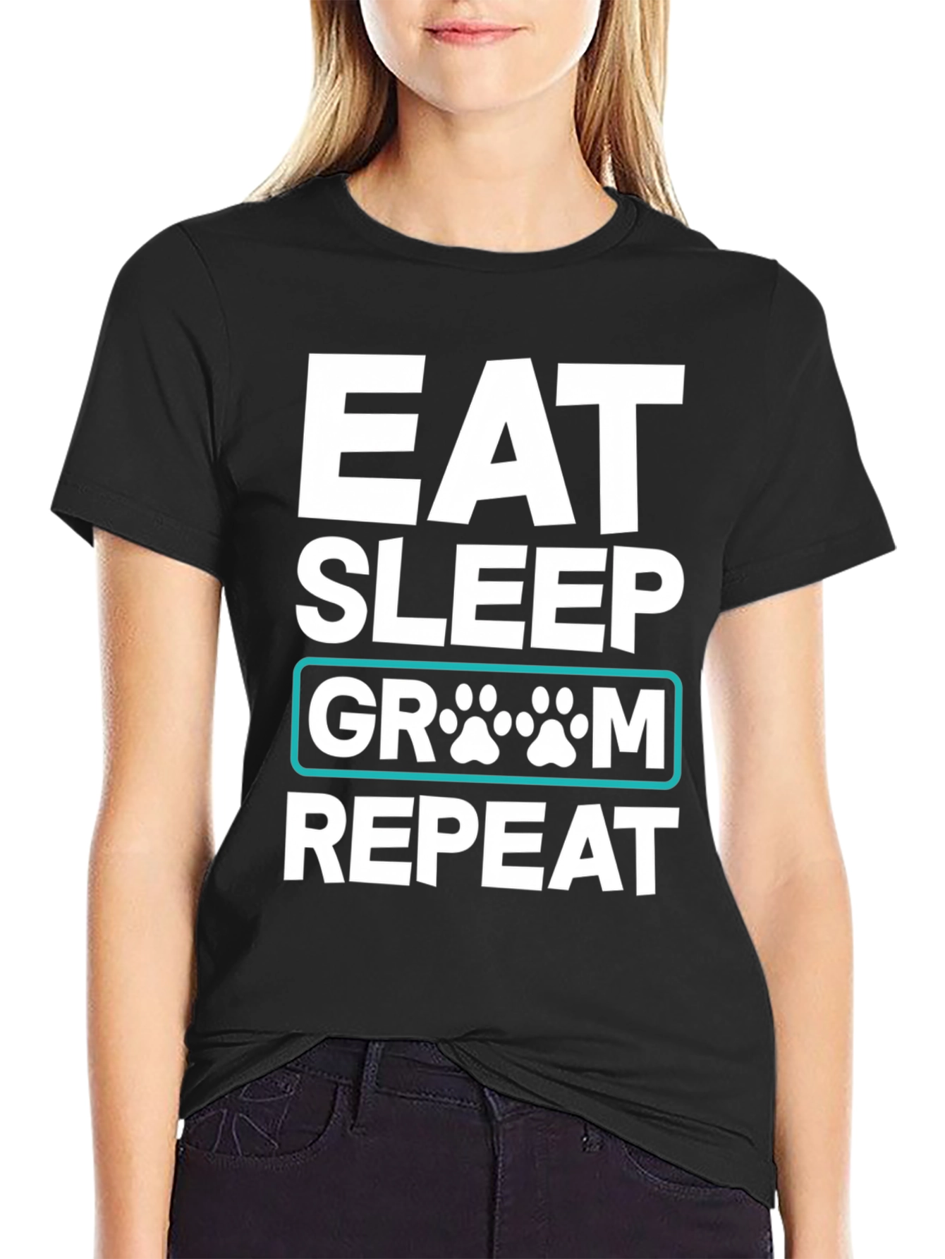 Black Eat Sleep Groom Repeat Dog Paw T-Shirt view 2