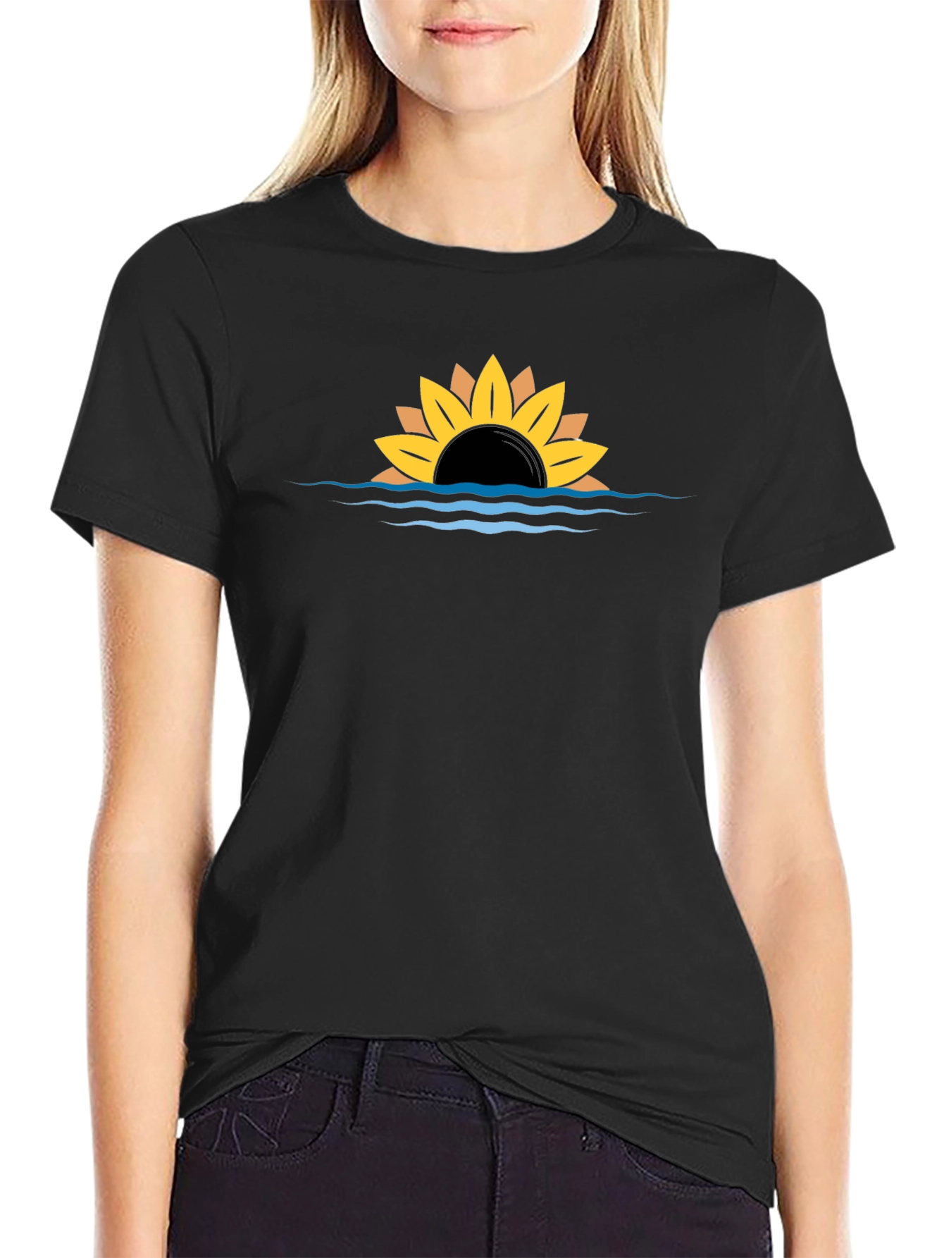 Black Sunflower Sunset Graphic Black Tee view 2