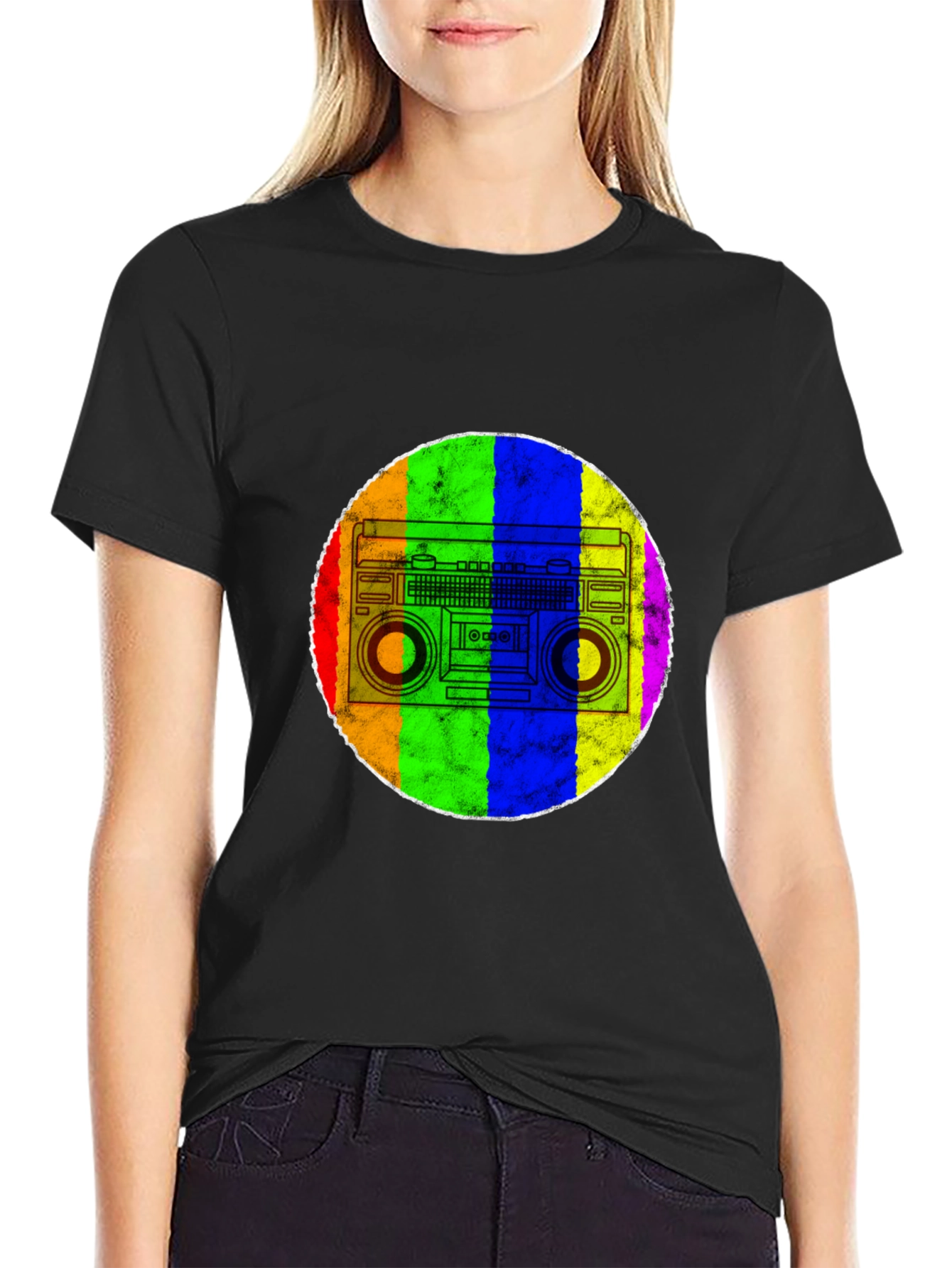 Black Retro Rainbow Boombox T-Shirt view 2