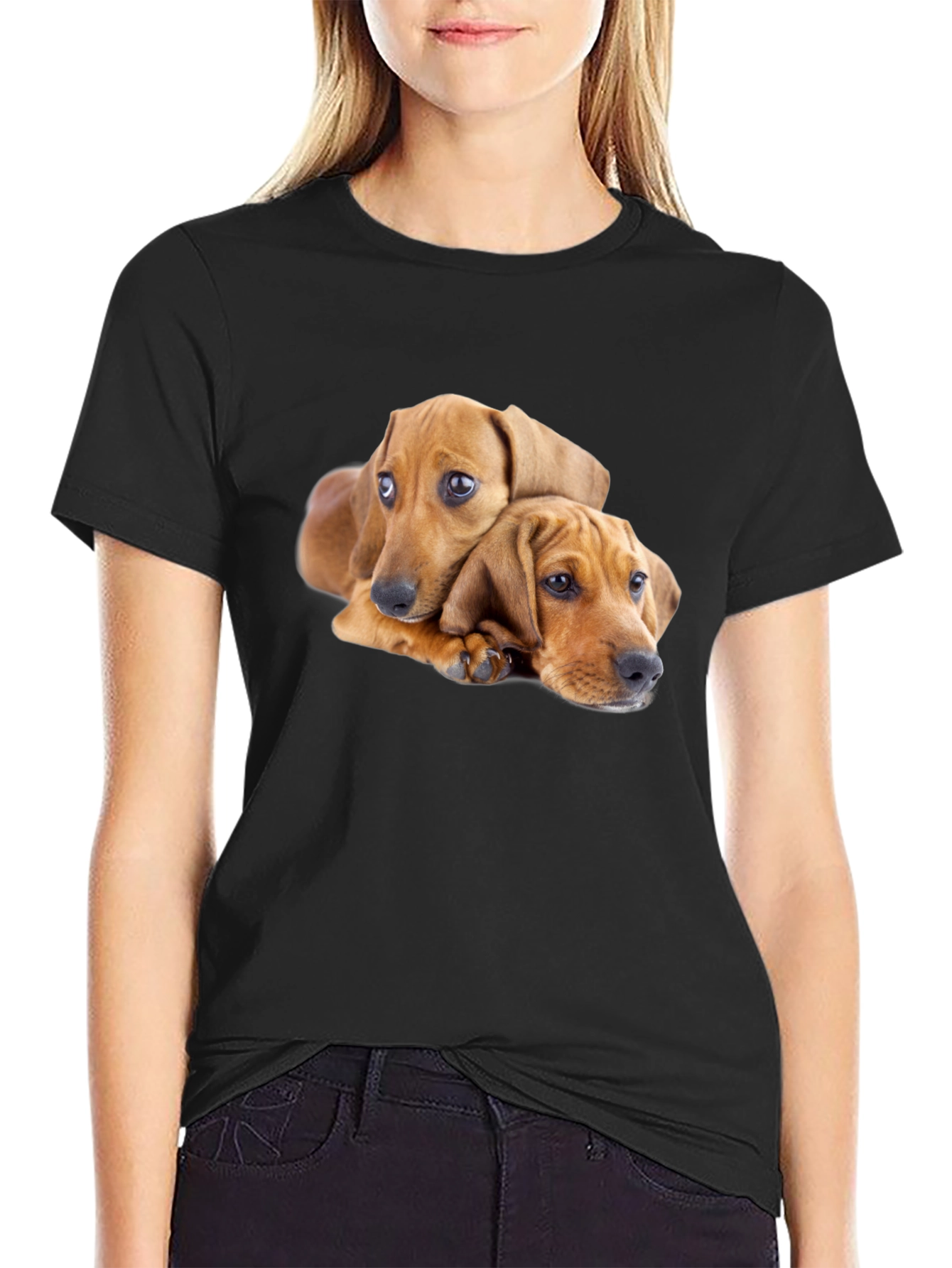 Black Cute Puppies Graphic Black T-Shirt view 2