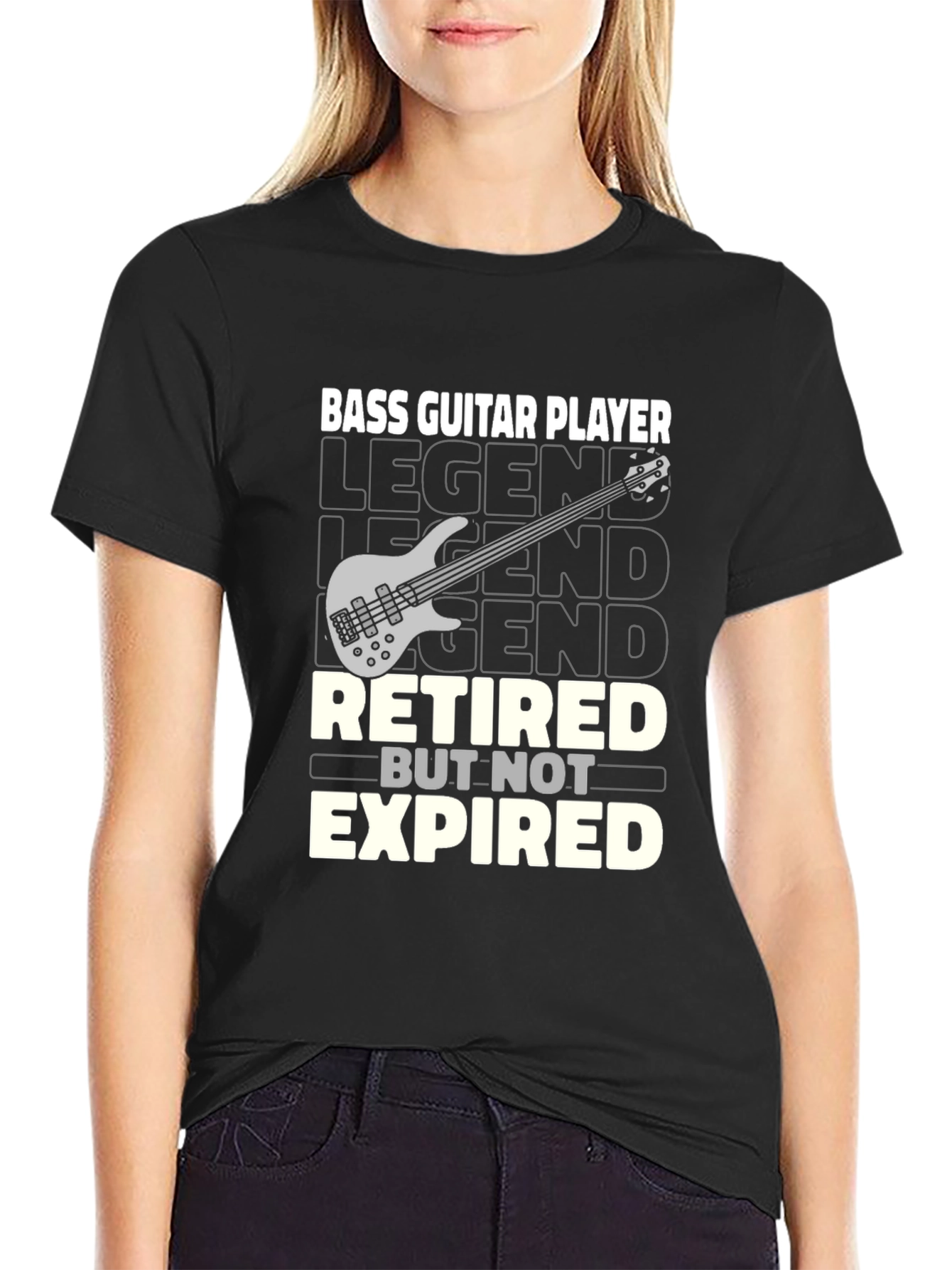 Black Retired Bass Guitar Player Graphic T-Shirt view 2