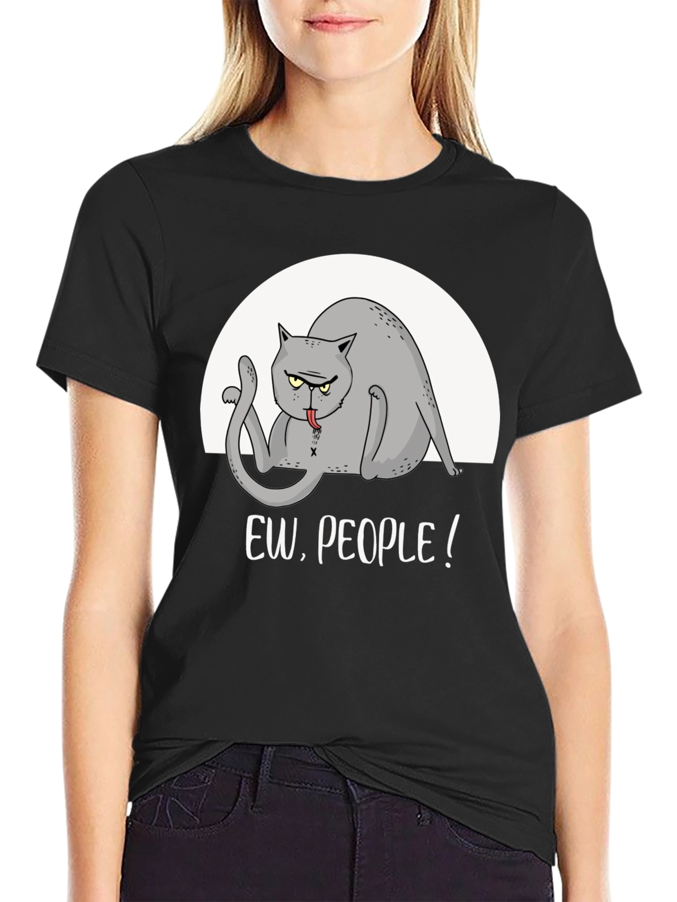 Black Ew, People! Graphic Tee - Funny Cat T-Shirt view 2