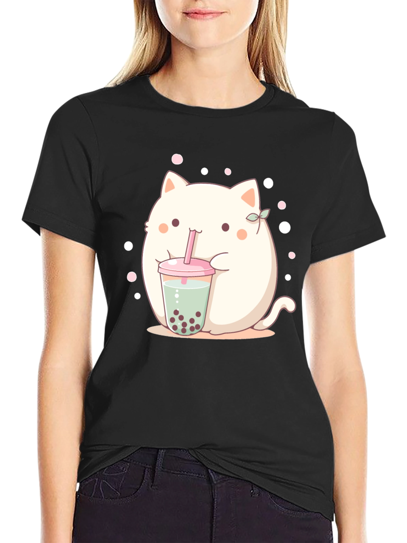 Black Cute Boba Cat T-Shirt - Kawaii Style view 2