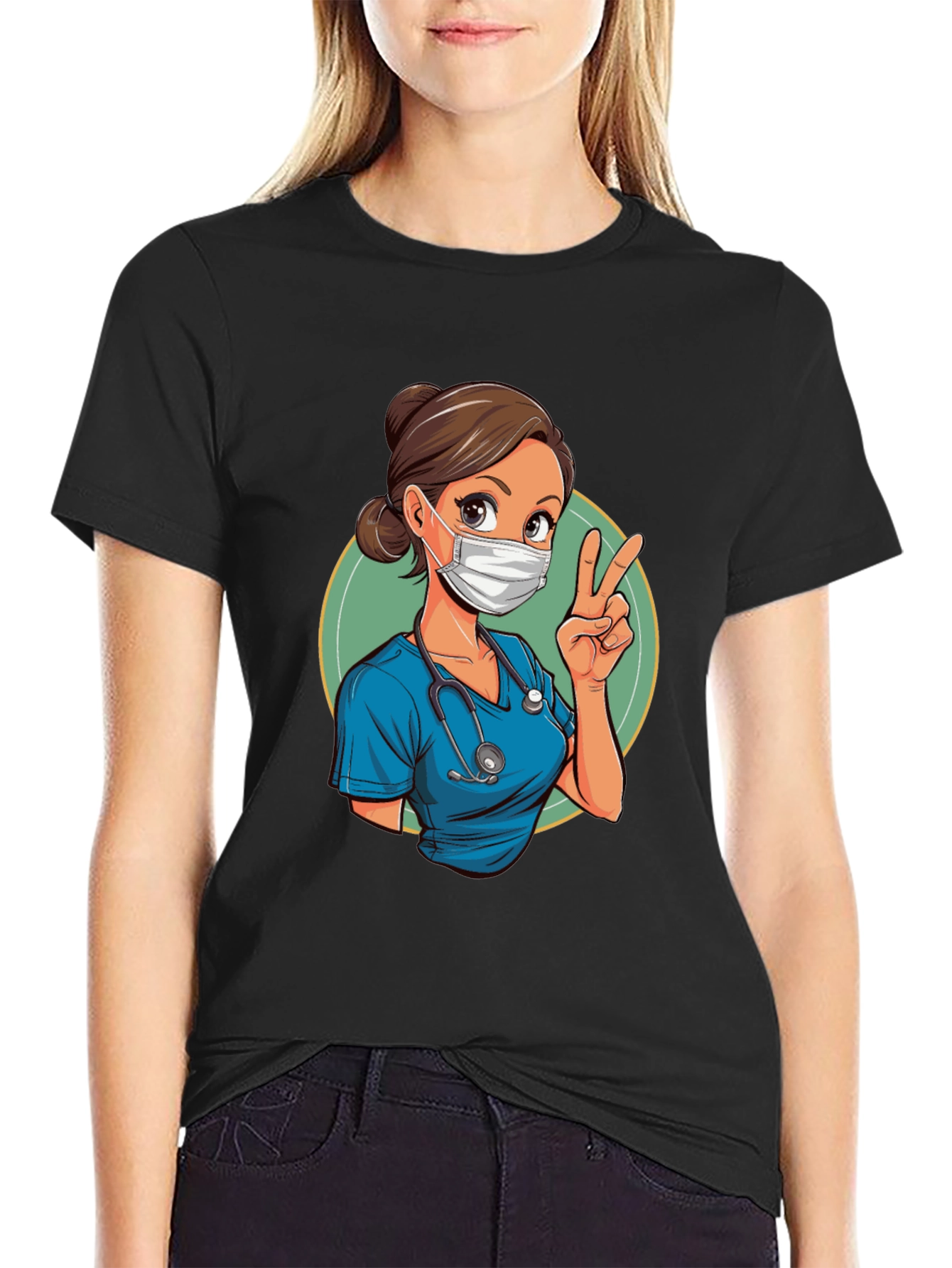 Black Nurse Cartoon Graphic Tee - Essential Worker view 2