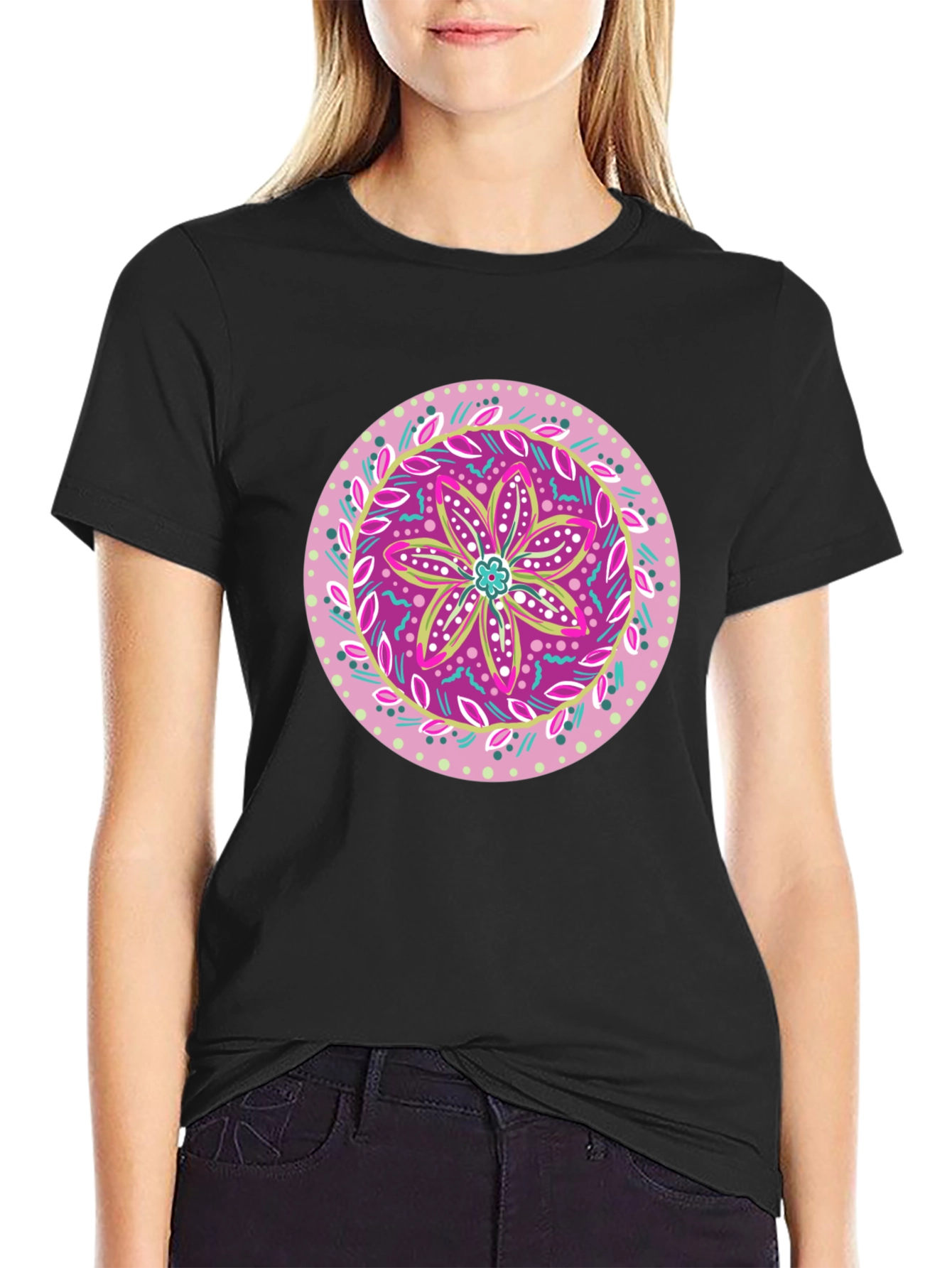 Black Floral Mandala Graphic Tee - Casual Black T-Shirt view 2
