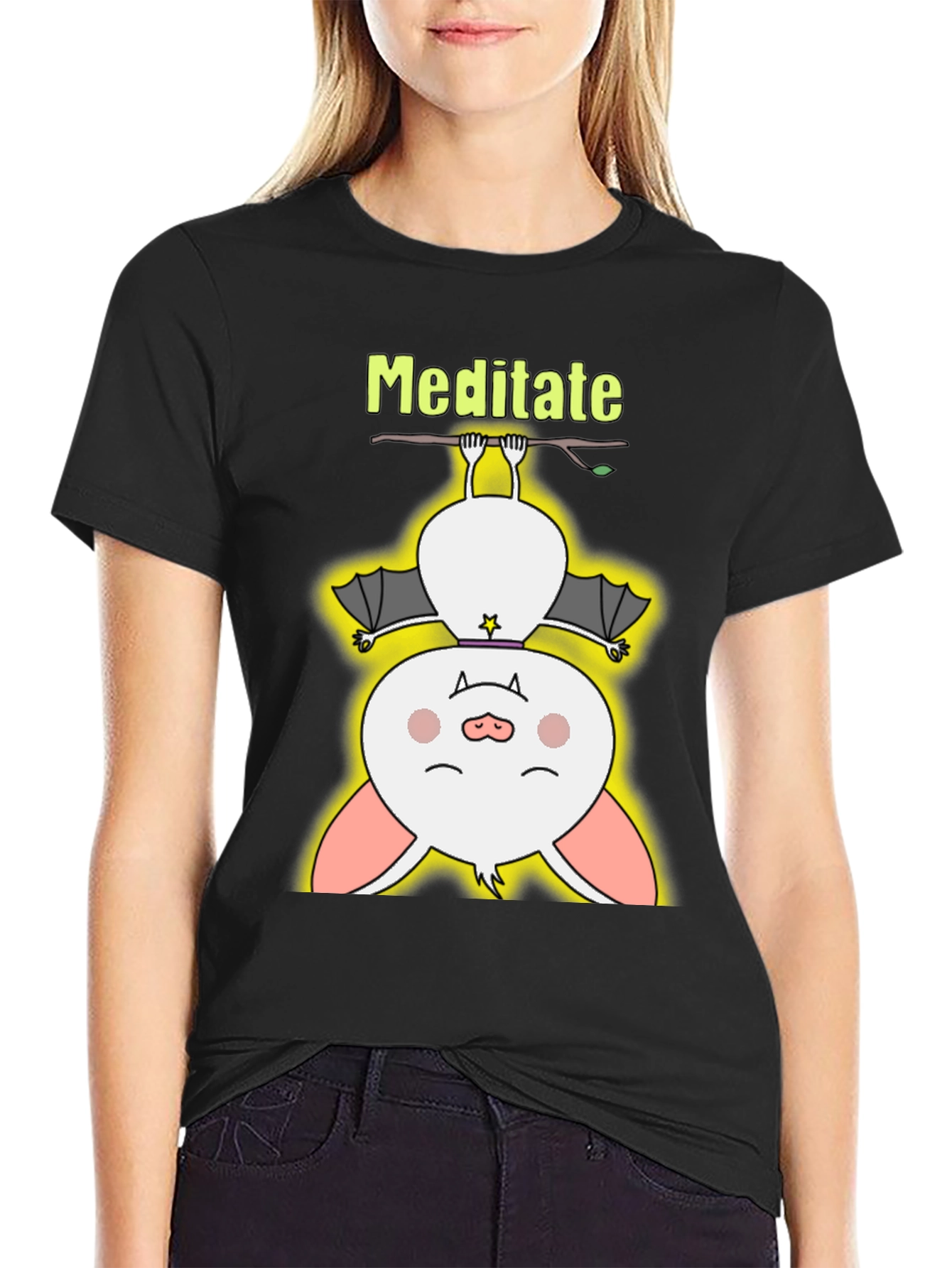 Black Meditate Bat Tee - Cute Yoga T-Shirt view 2