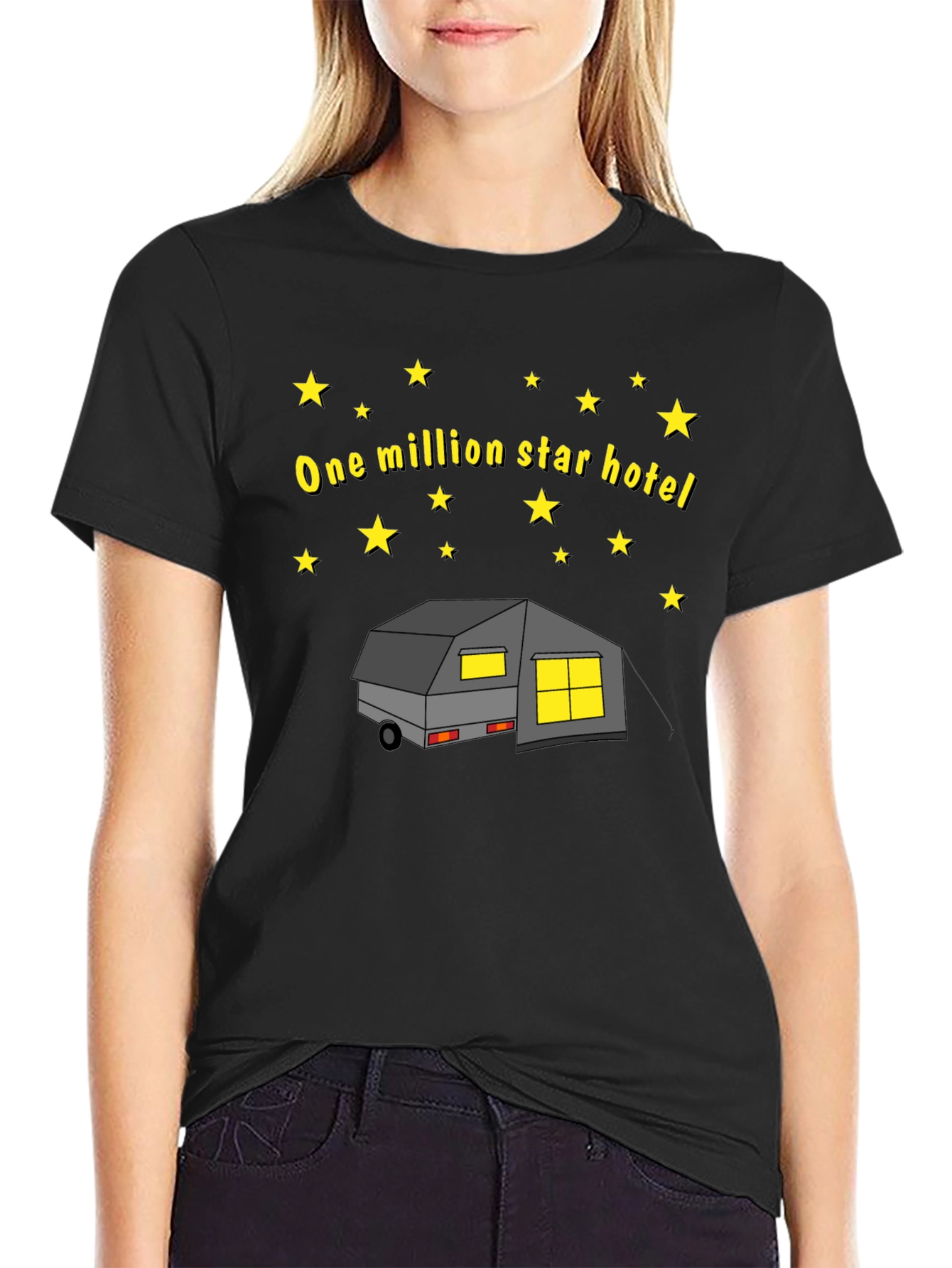 Black One Million Star Hotel Camping T-Shirt view 2