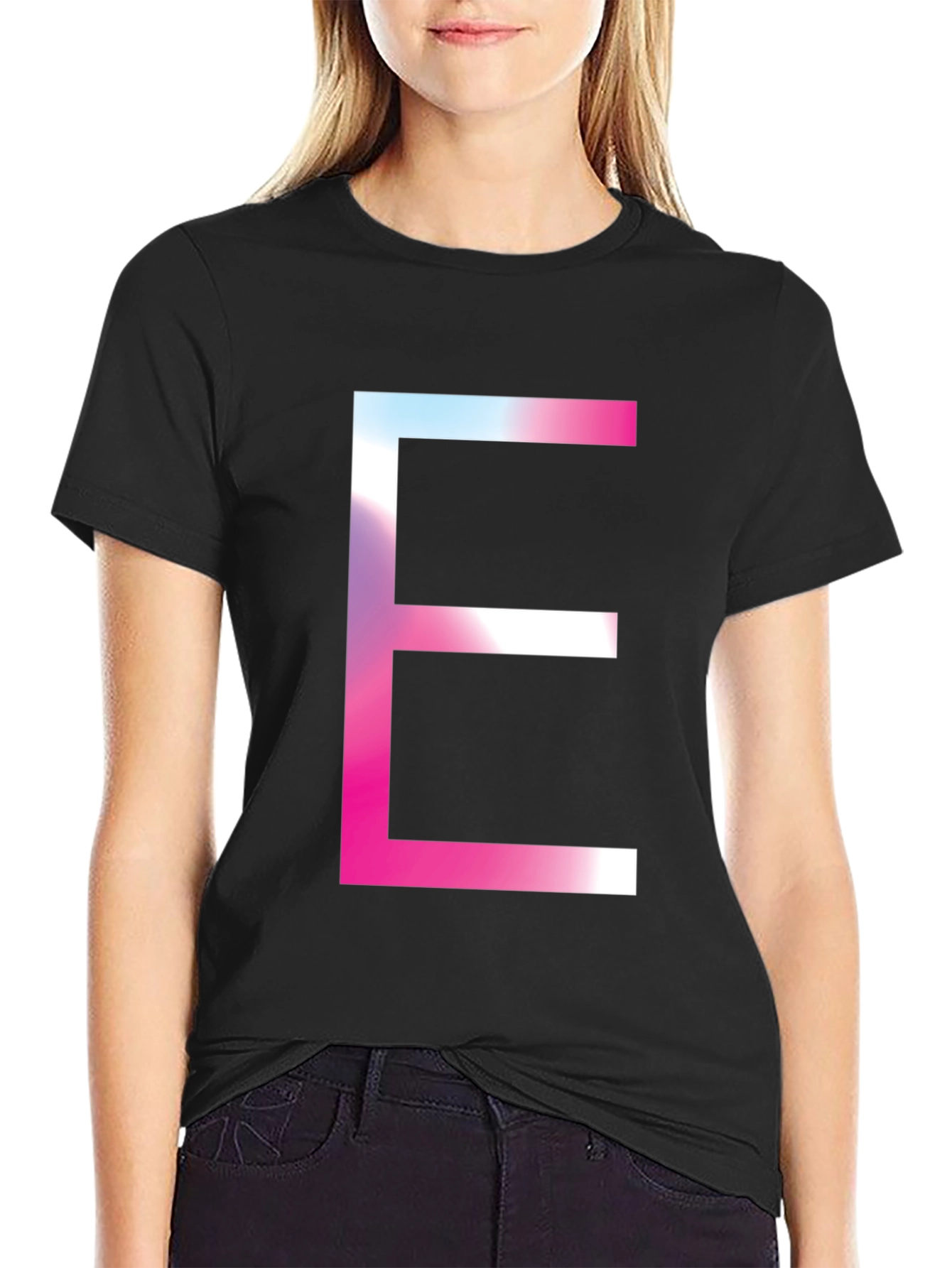 Black Bold 'E' Graphic Tee - Trendy Statement T-Shirt view 2