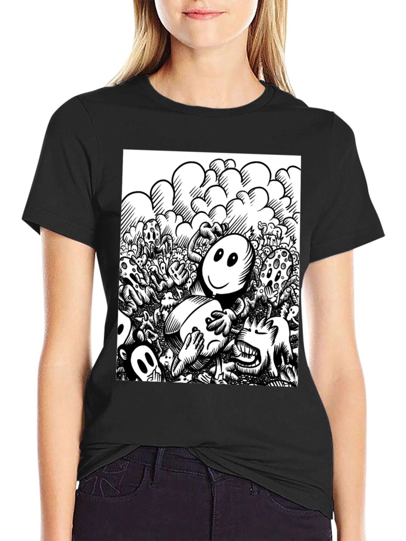 Black Unique Cartoon Print Black Tee view 2