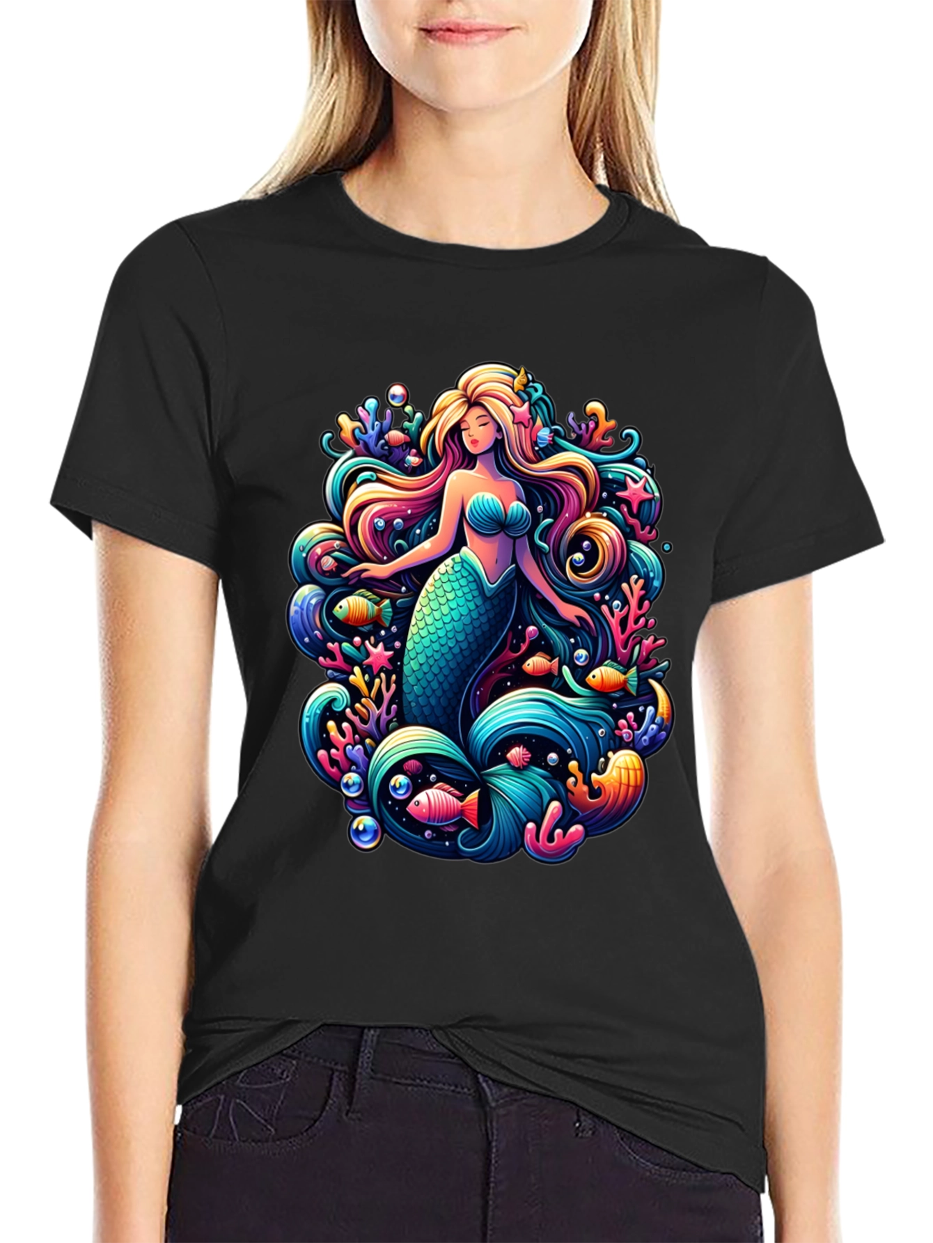 Black Mermaid Graphic Tee - Black Cotton Blend view 2