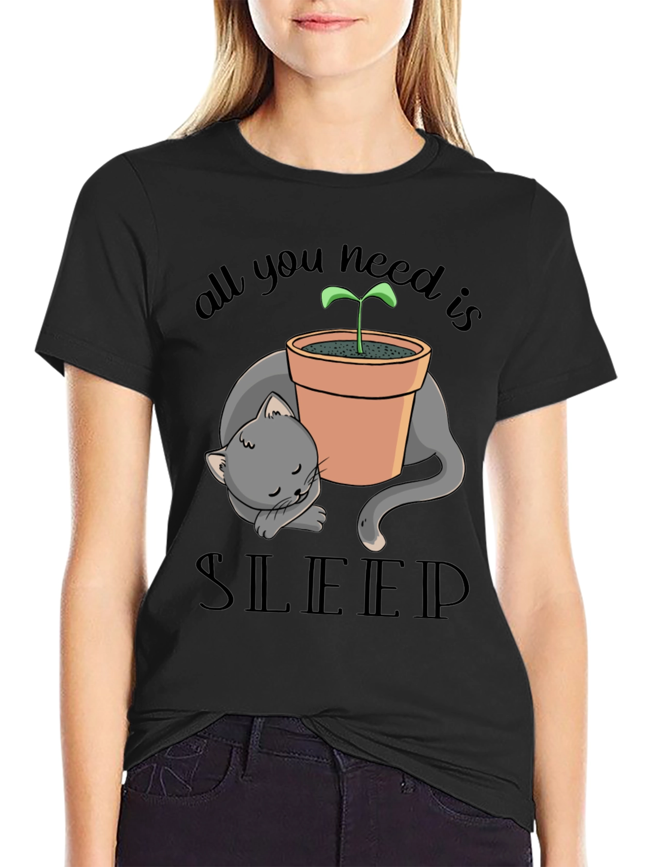 Black Sleepy Cat Plant Pot T-Shirt - All You Need Is Sleep view 2
