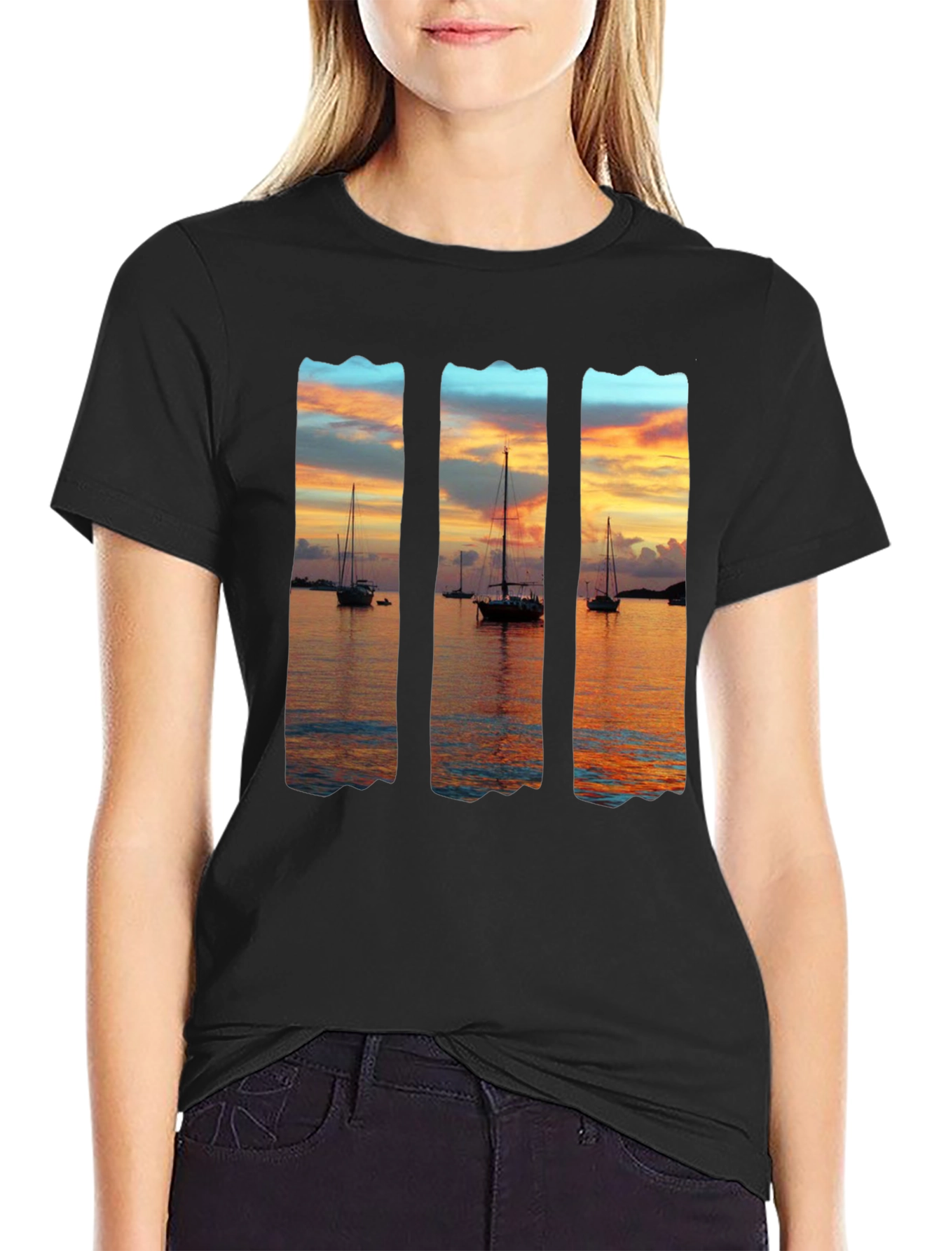 Black Sunset Sailboat Graphic T-Shirt - Black view 2