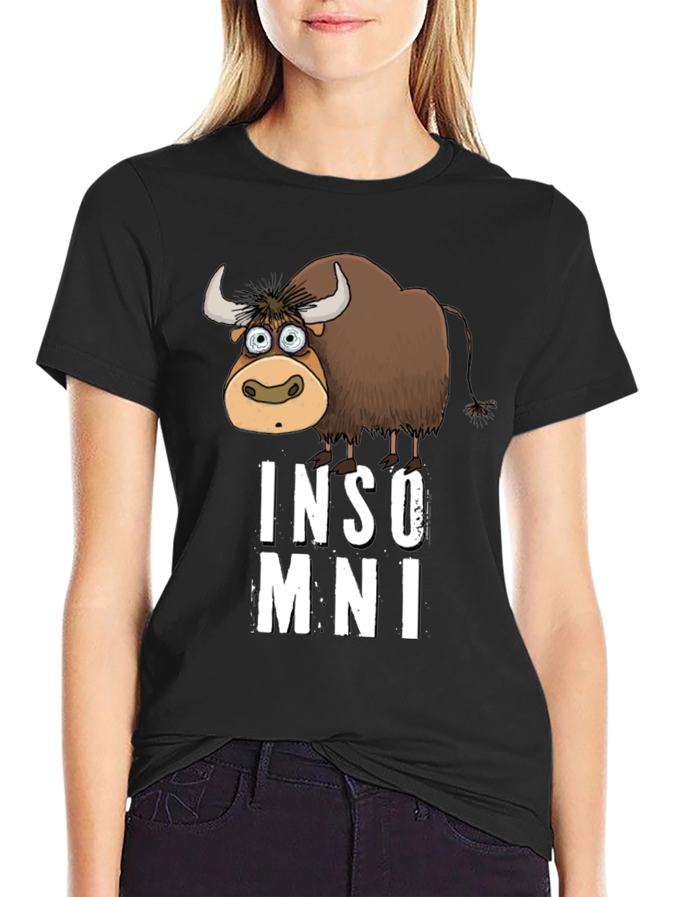 Black Funny Insomniac Yak Black T-Shirt view 2