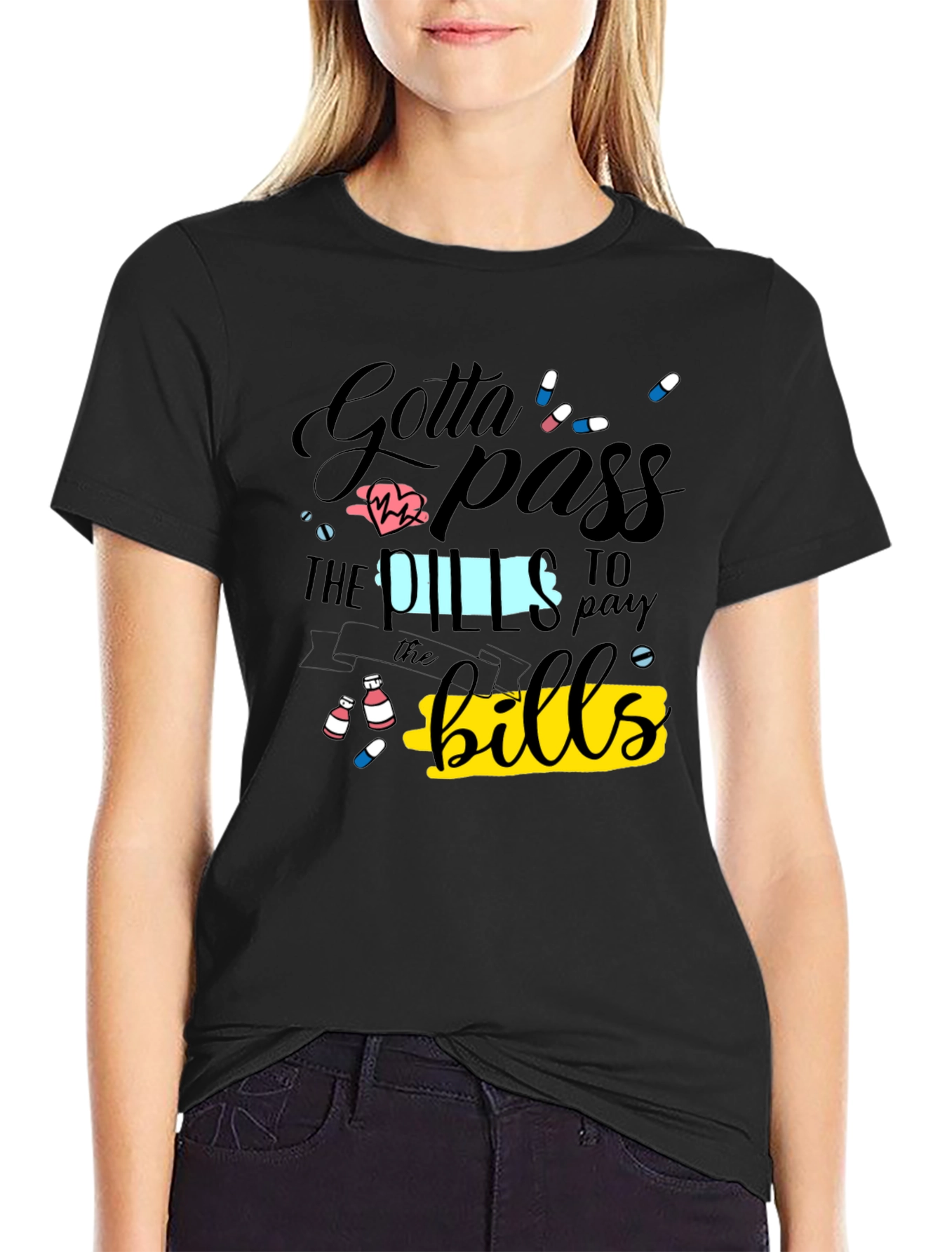 Black Gotta Pass the Pills Funny Graphic T-Shirt view 2