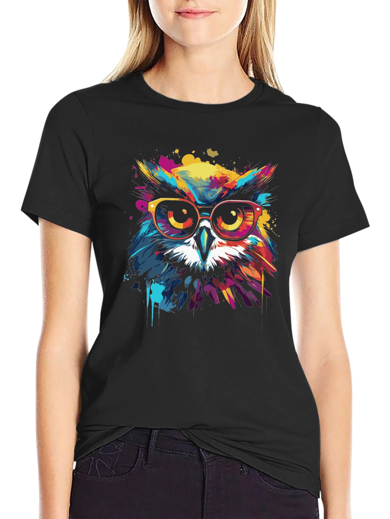 Black Cool Owl Graphic Tee - Vibrant Colors view 2
