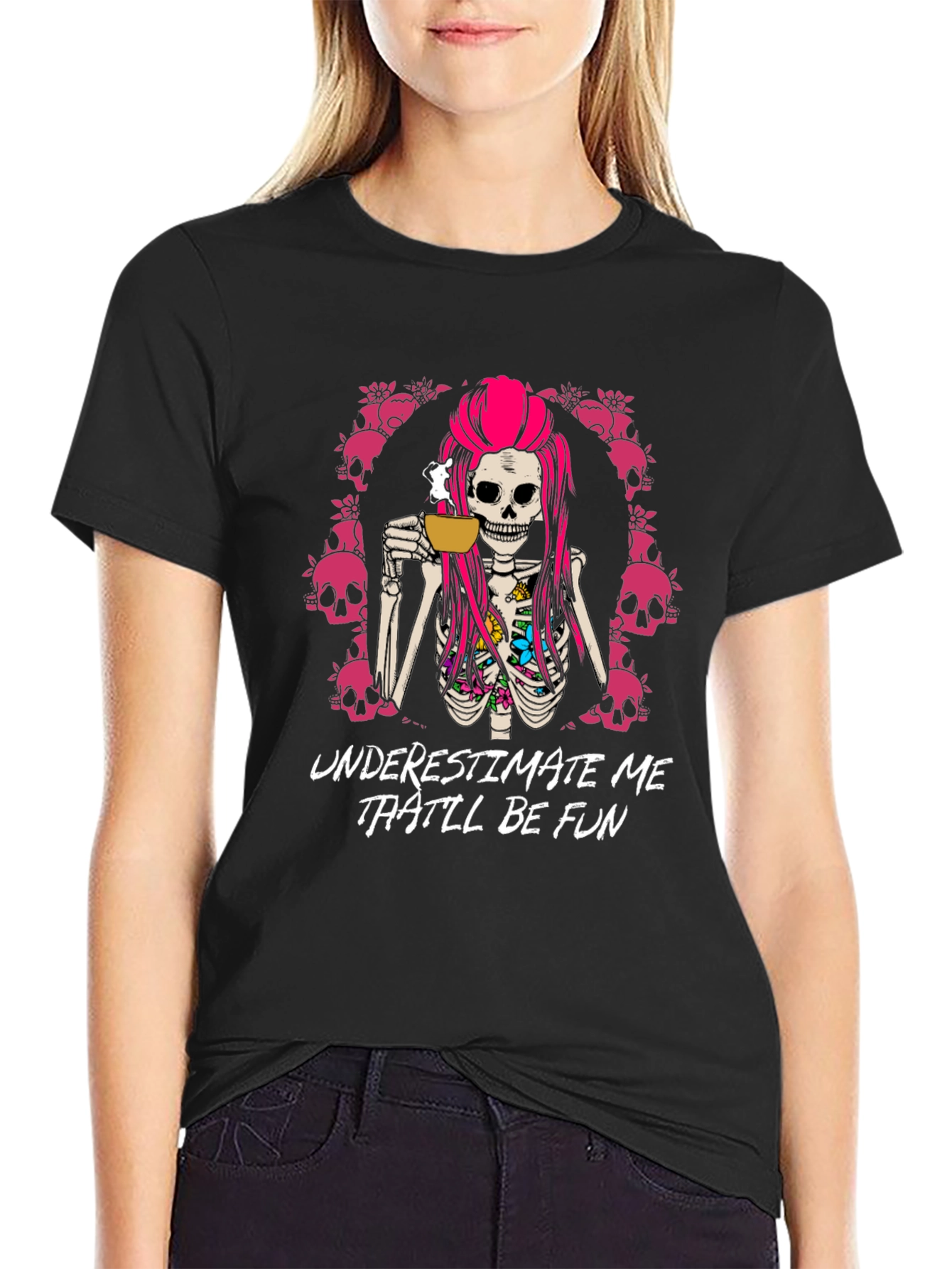 Black Underestimate Me That'll Be Fun T-Shirt - Skull Coffee view 2