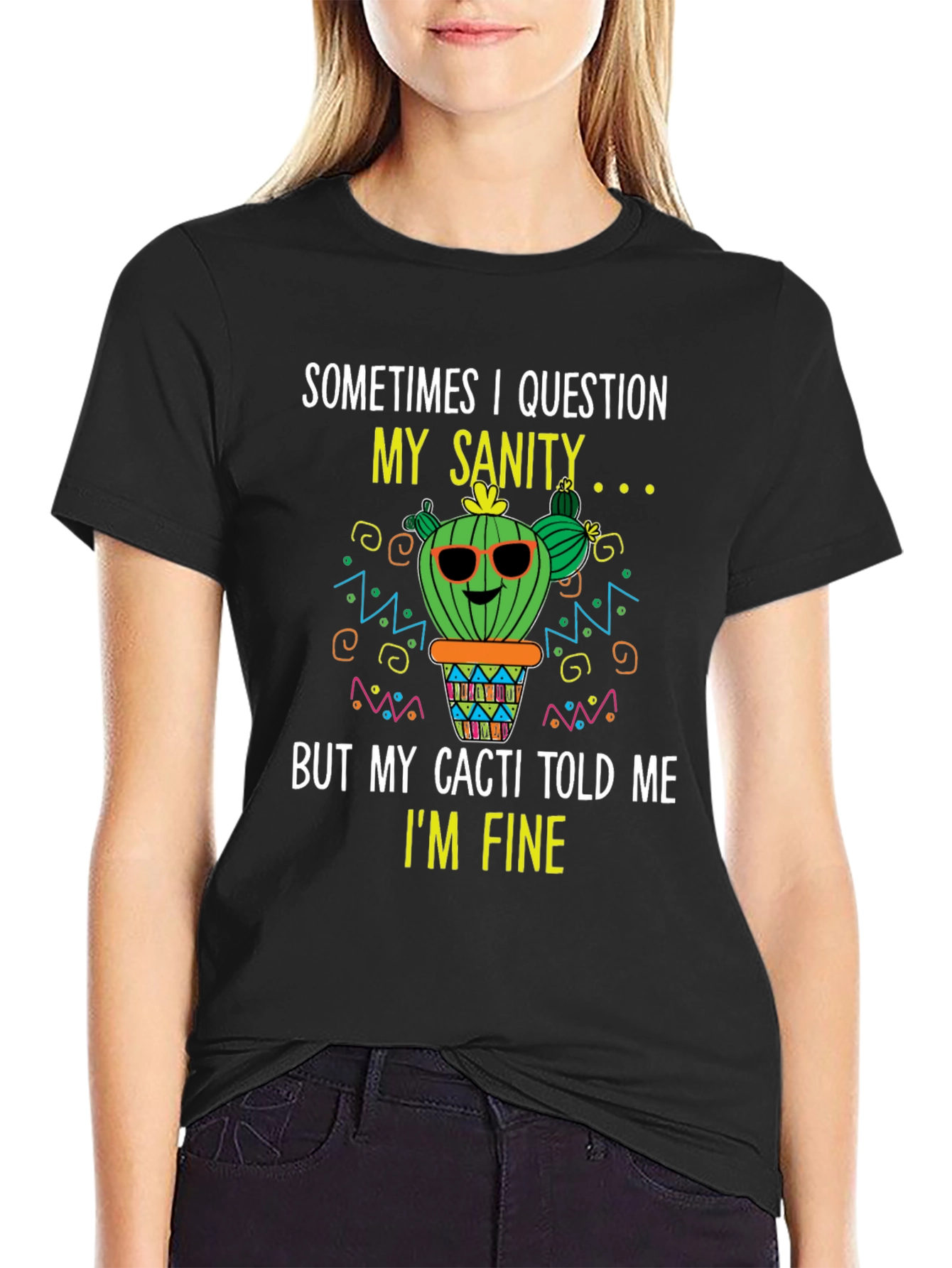 Black Funny Cactus T-Shirt: Question My Sanity view 2