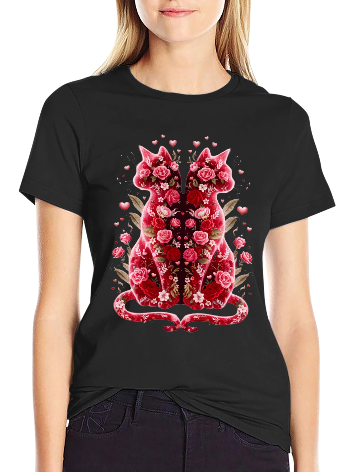Black Floral Cat Lover T-Shirt - Valentine's Day Edition view 2