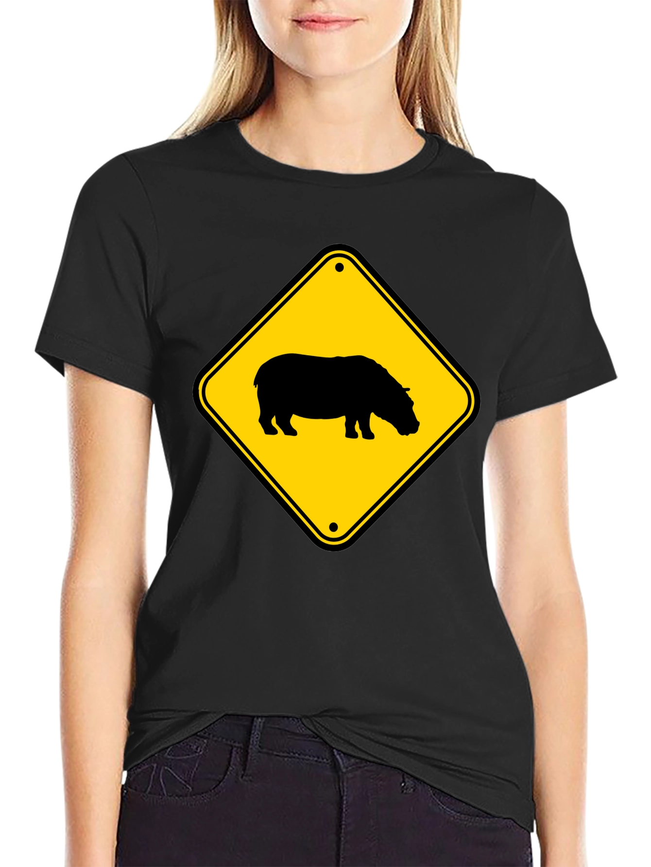 Black Hippo Crossing Sign Black T-Shirt view 2