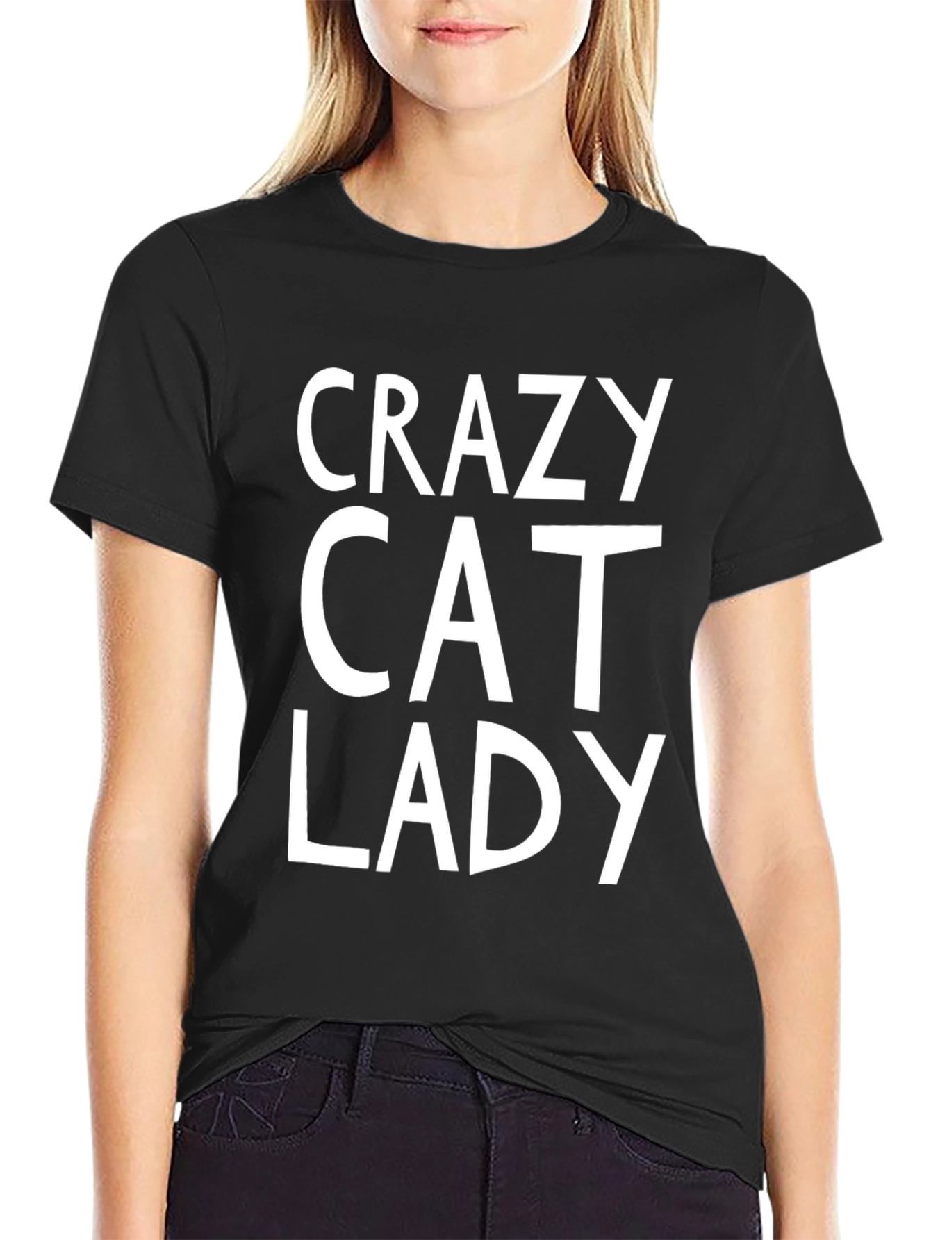 Black Crazy Cat Lady Graphic Tee - Black Cotton T-Shirt view 2