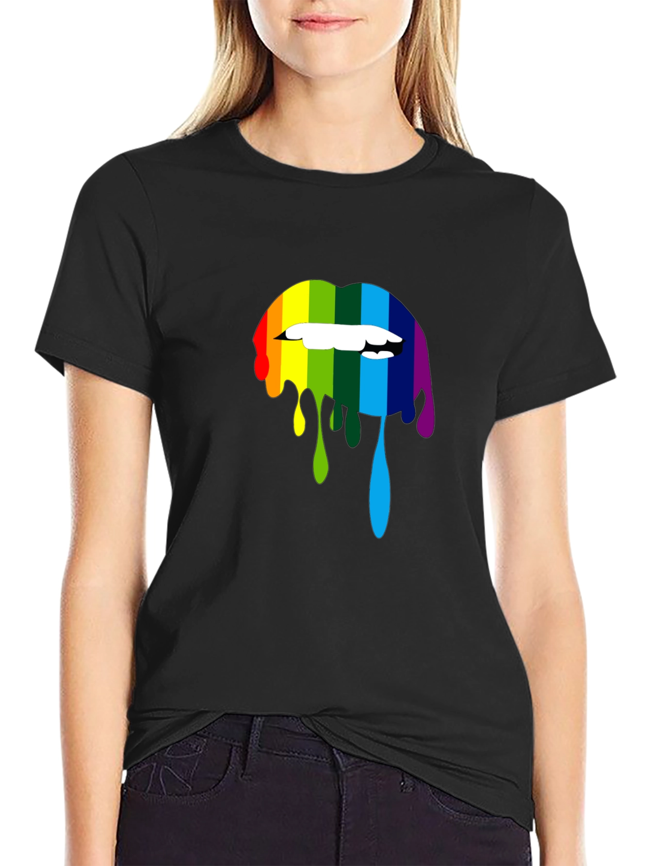 Black Rainbow Lips Graphic Print Black T-Shirt view 2