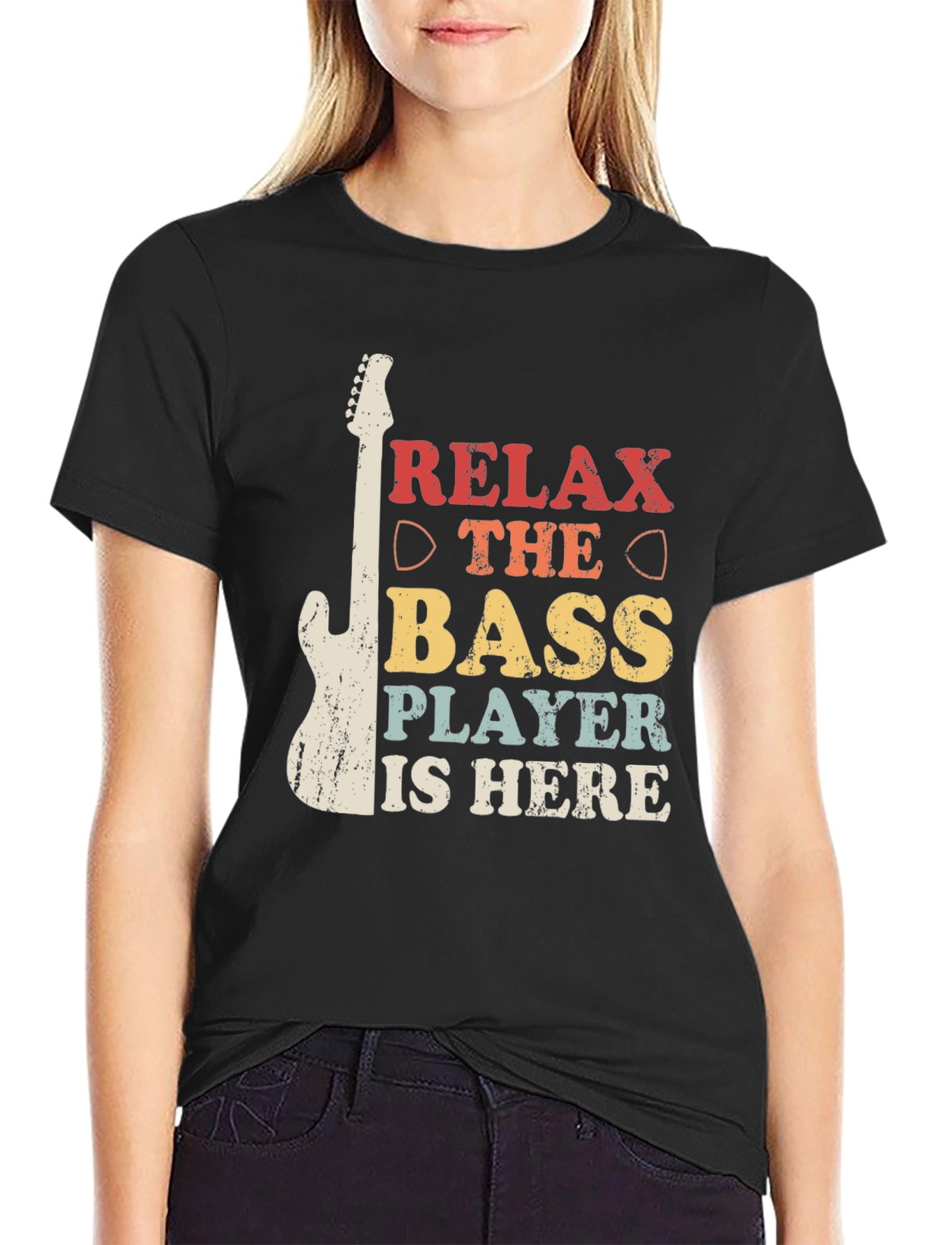 Black Relax Bass Player is Here Black Graphic Tee view 2