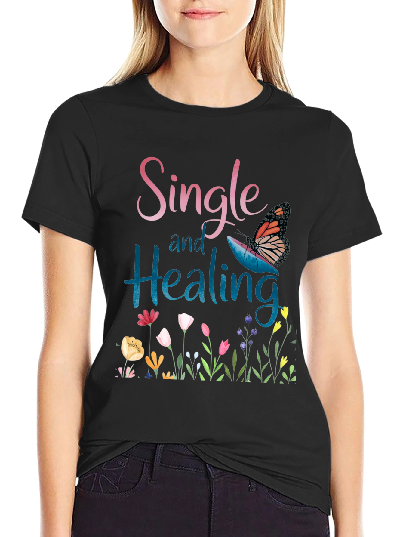 Black Single and Healing Graphic T-Shirt view 2