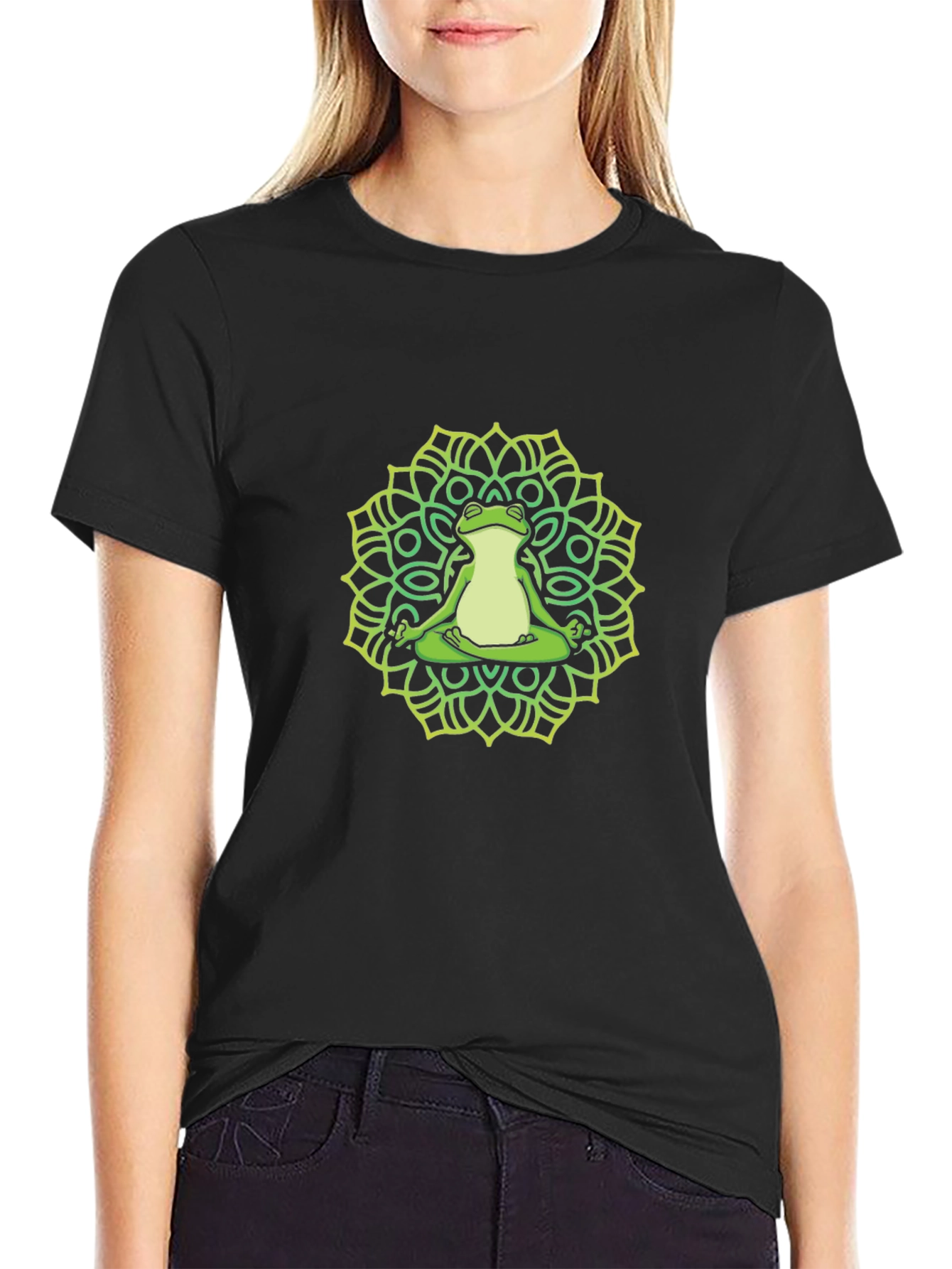 Black Meditating Frog Mandala T-Shirt - Black view 2