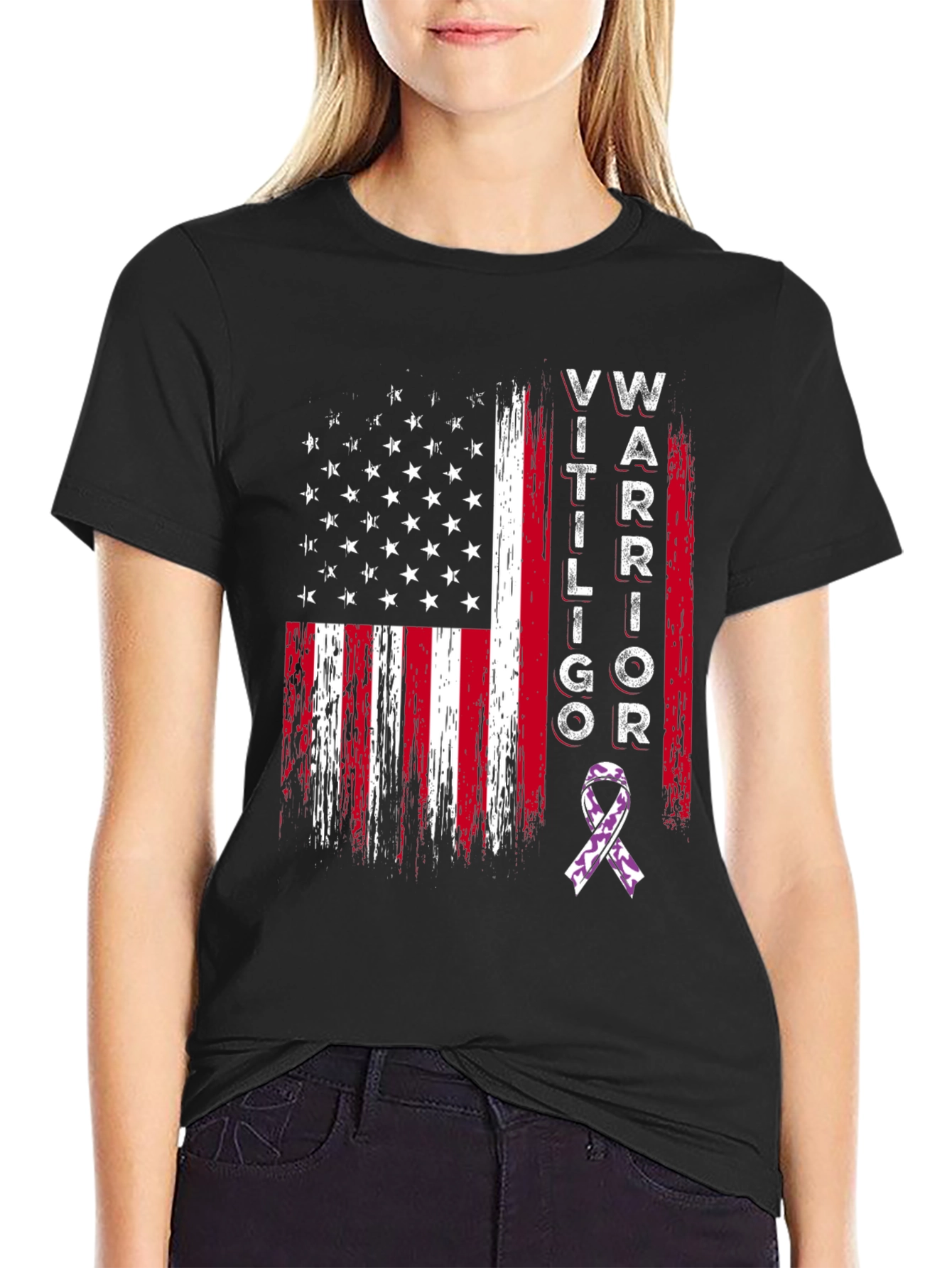 Black Vitiligo Warrior American Flag Graphic T-Shirt view 2