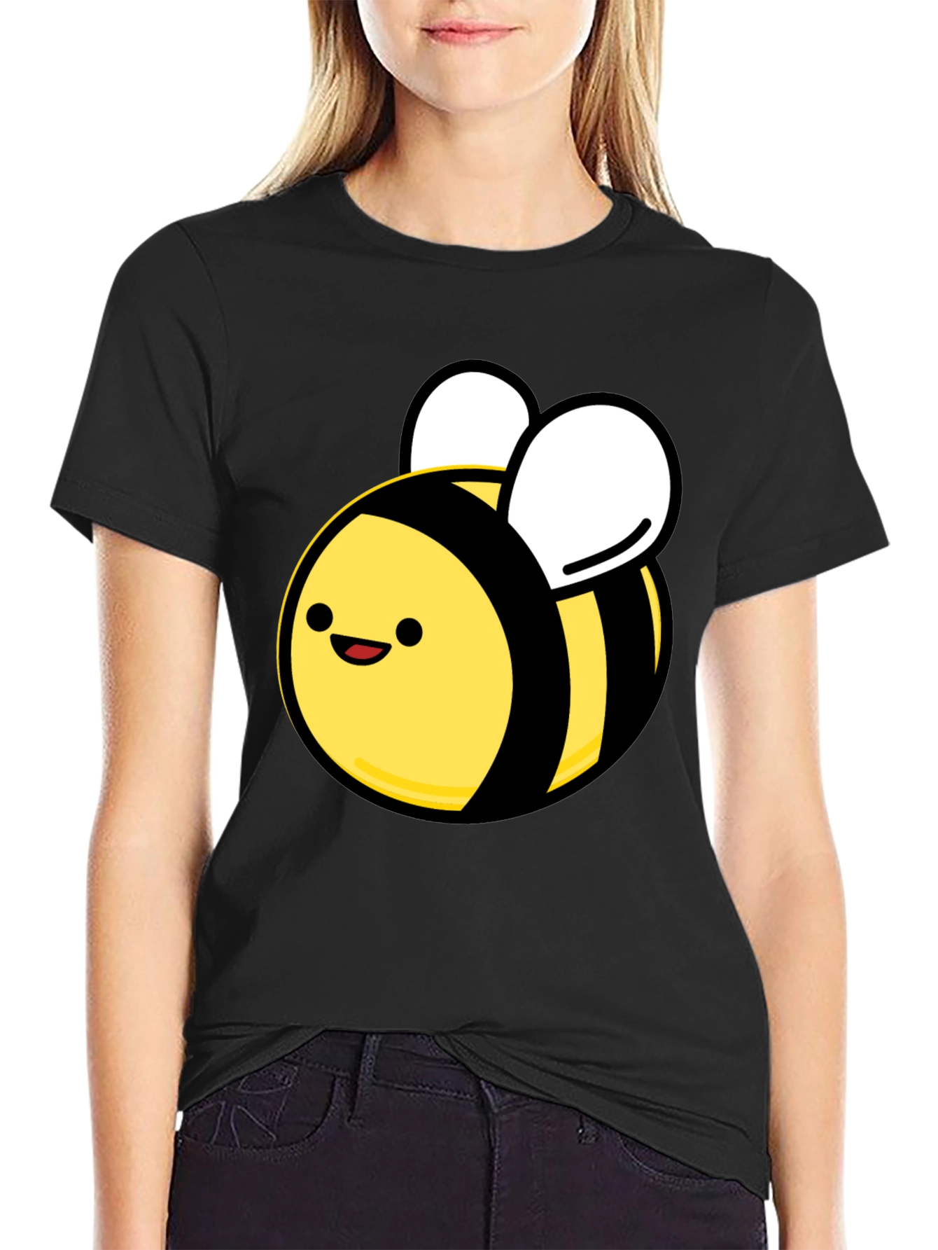 Black Cute Cartoon Bee Black T-Shirt - Unisex Crew Neck view 2