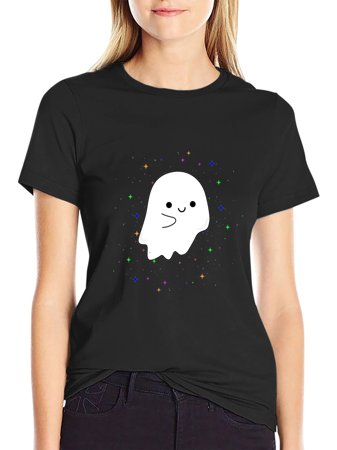 Black Cute Ghost Graphic Tee - Halloween Spooky Season T-Shirt view 2