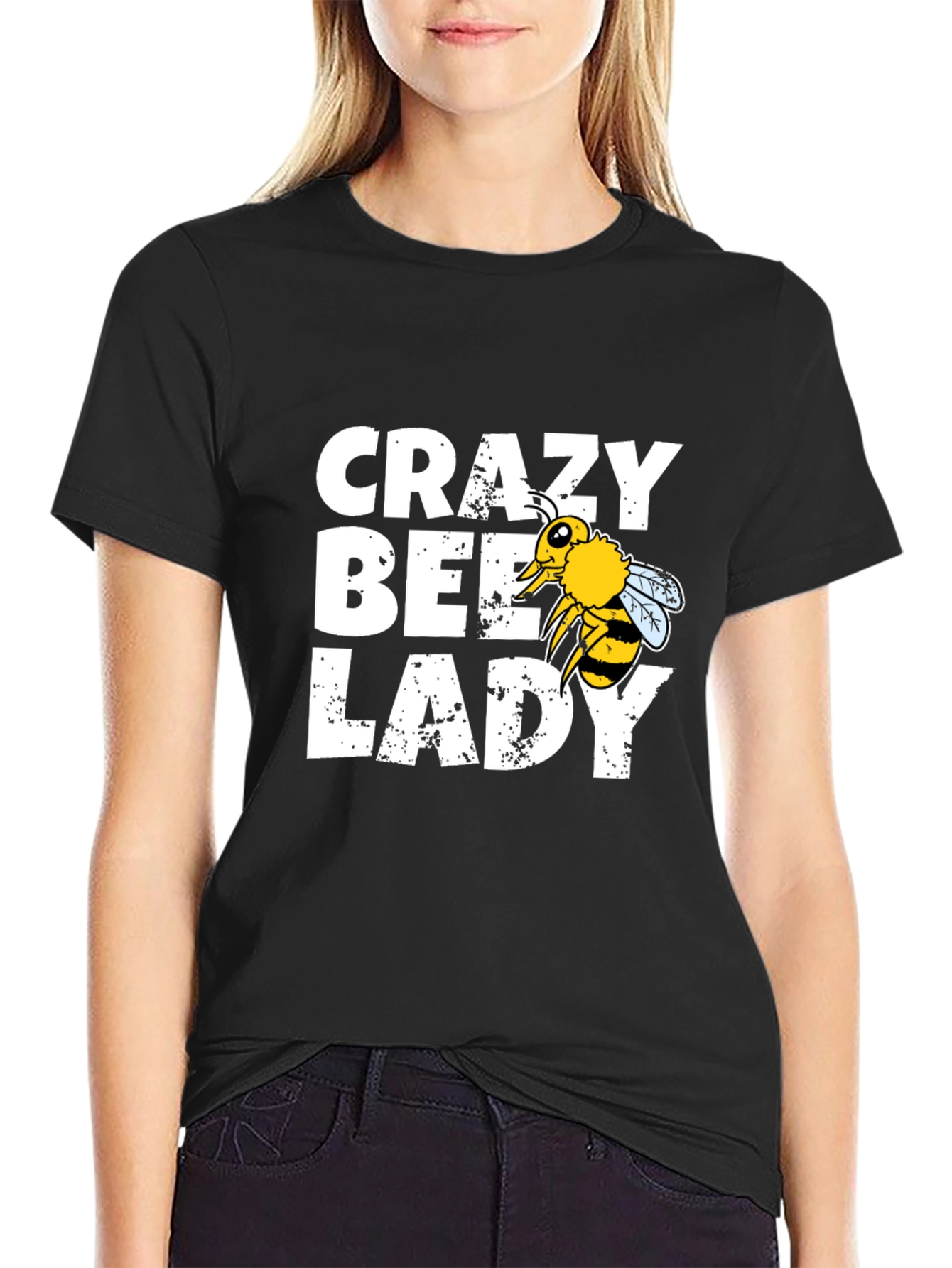 Black Crazy Bee Lady Graphic Tee - Black Cotton Blend view 2