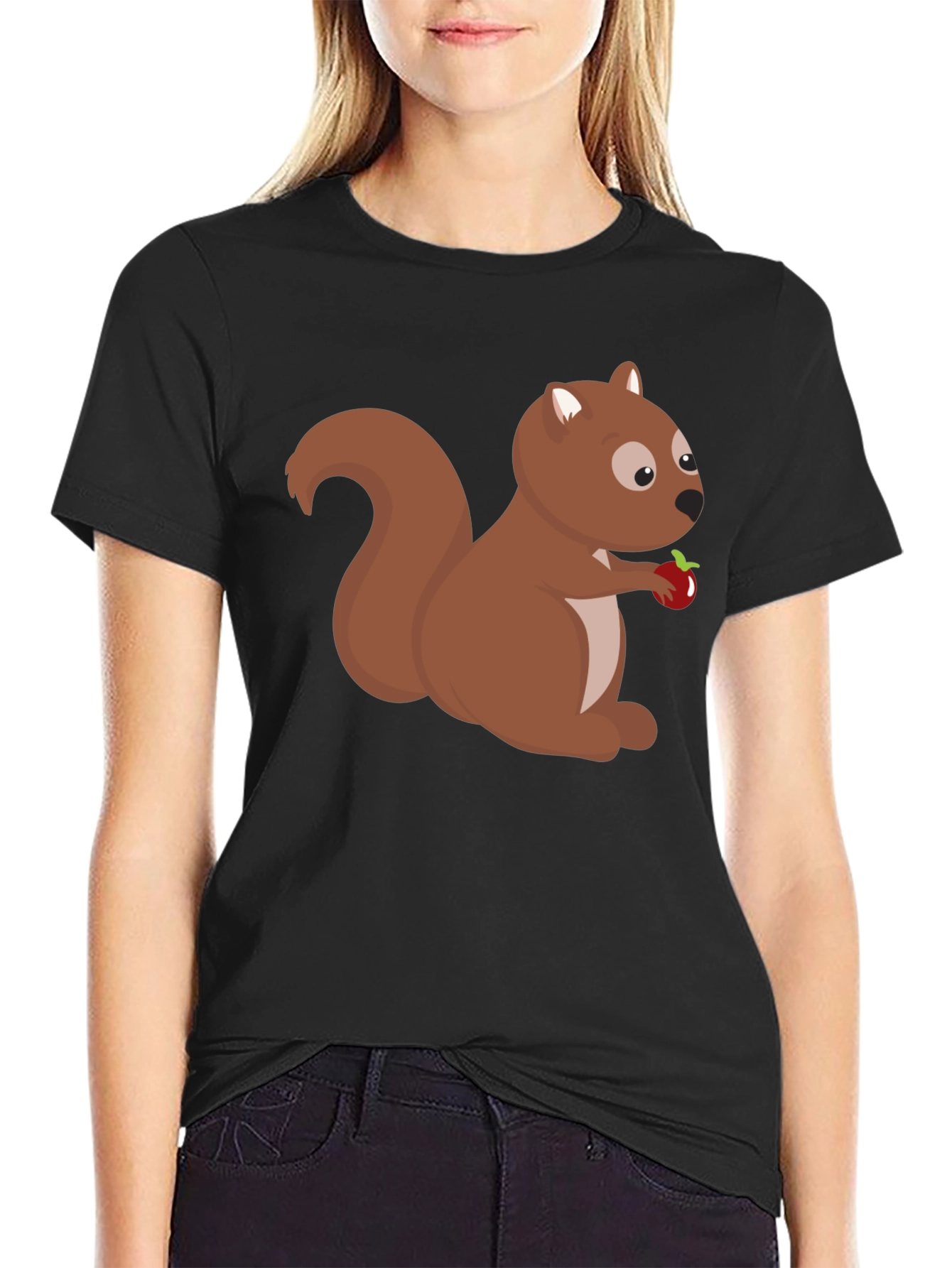 Black Squirrel Holding Apple Black T-Shirt view 2