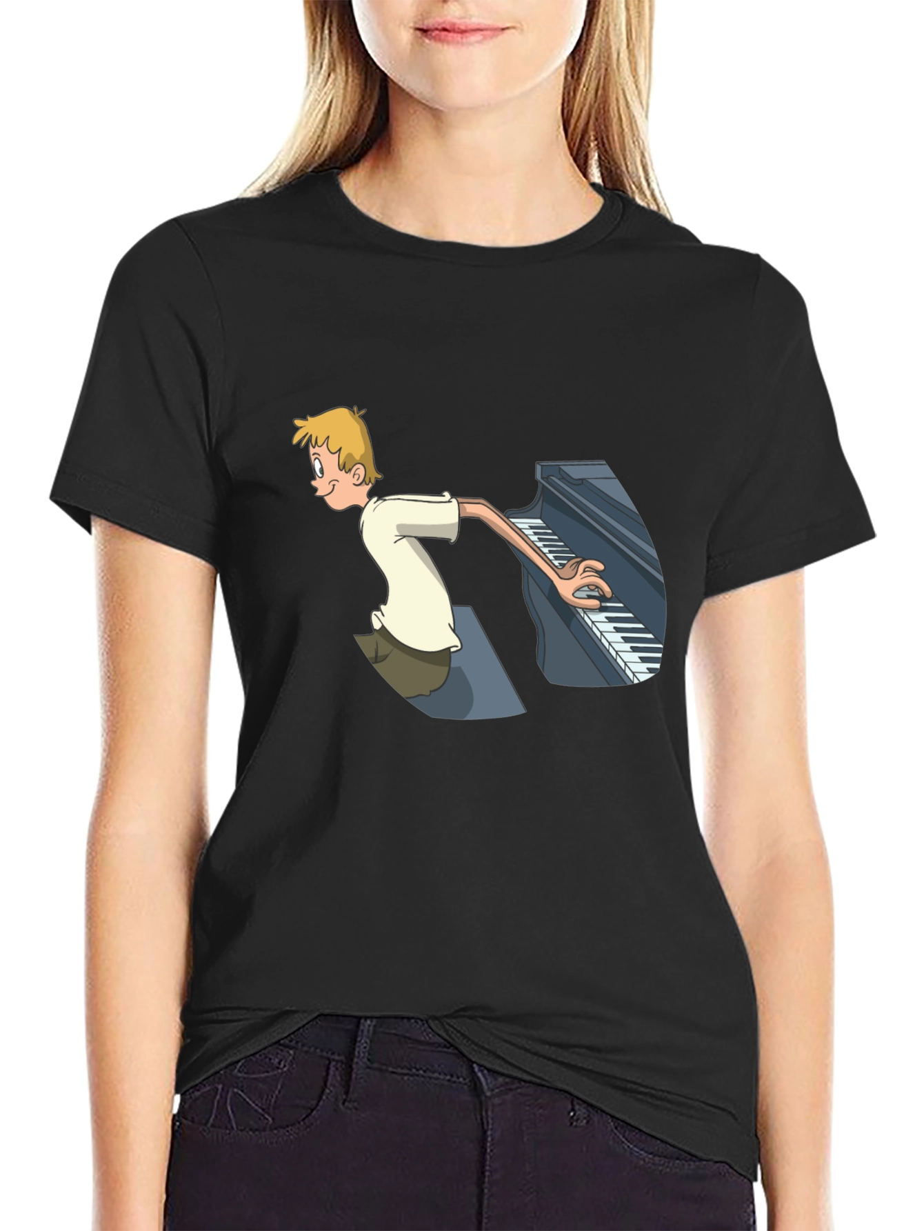 Black Piano Player Cartoon Graphic T-Shirt - Unique Design view 2