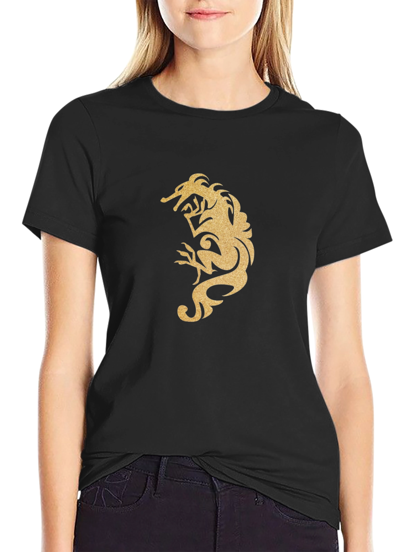 Black Men's Black T-Shirt with Gold Dragon Design view 2