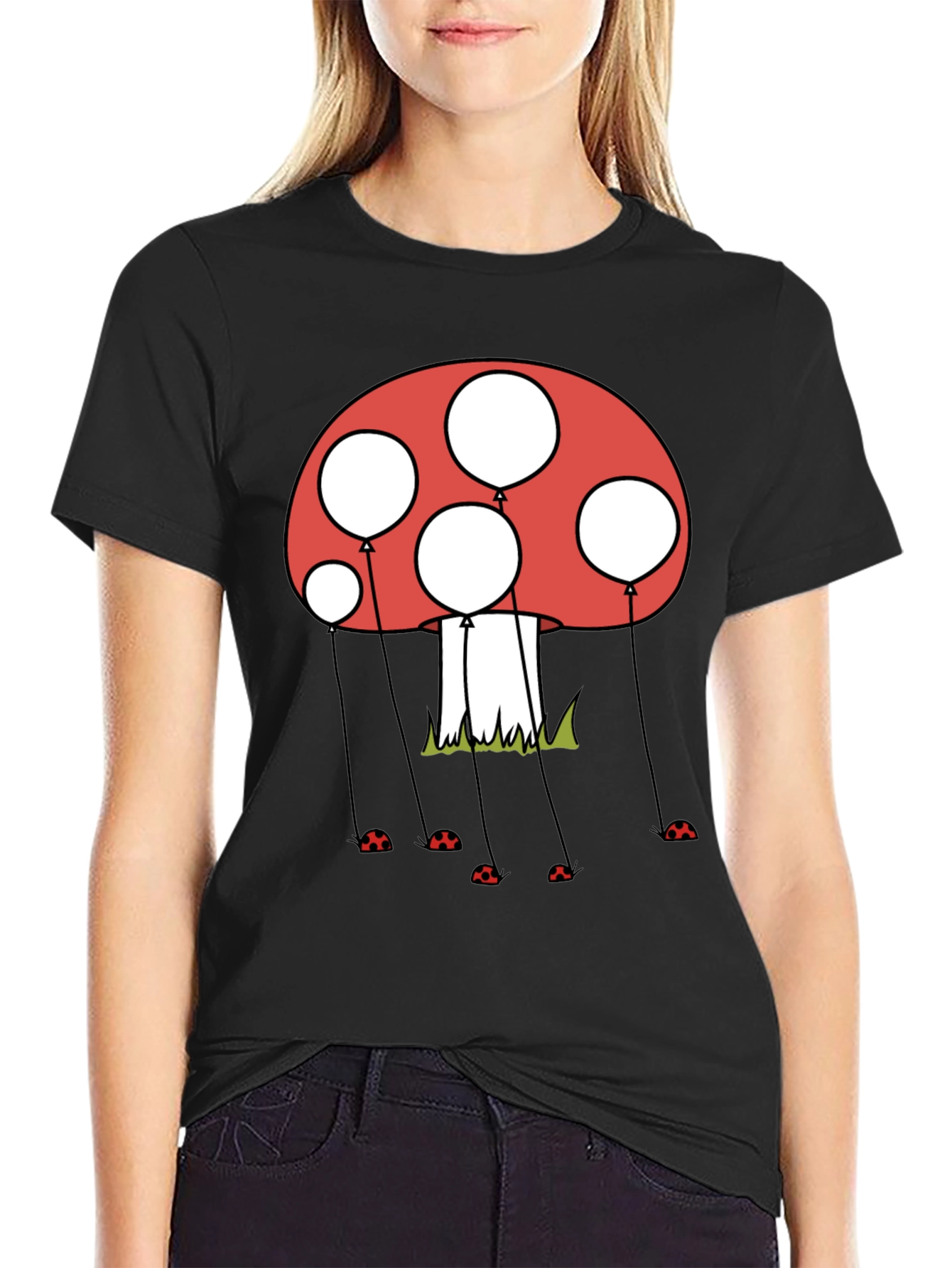 Black Mushroom Balloon Graphic Tee - Black Cotton Blend view 2