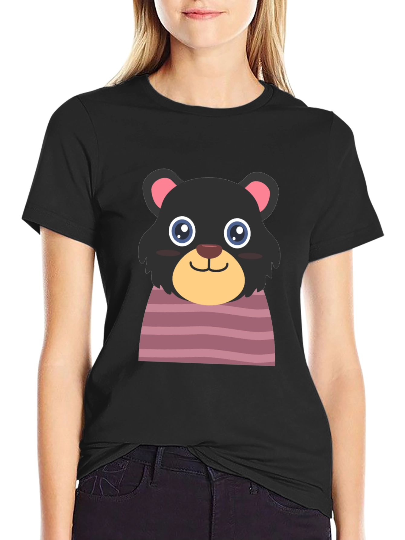 Black Cute Cartoon Bear Black T-Shirt view 2