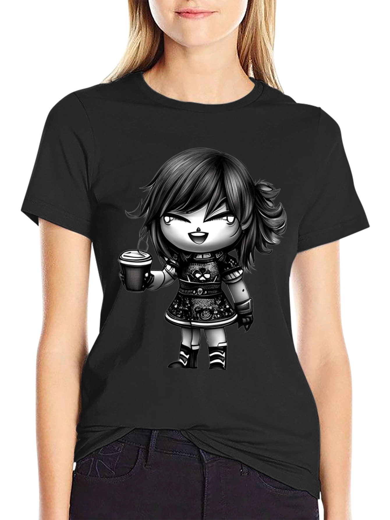 Black Anime Girl Coffee T-Shirt - Stylish Graphic Tee view 2