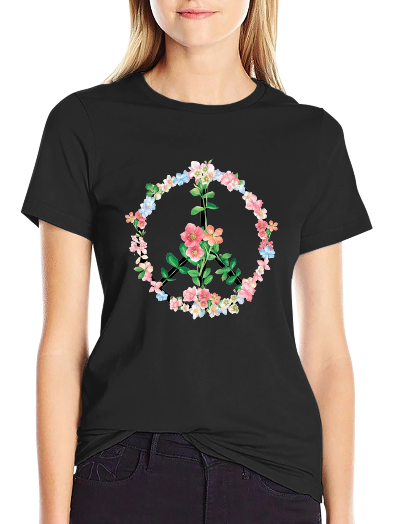 Black Floral Peace Sign Graphic T-Shirt - Black view 2