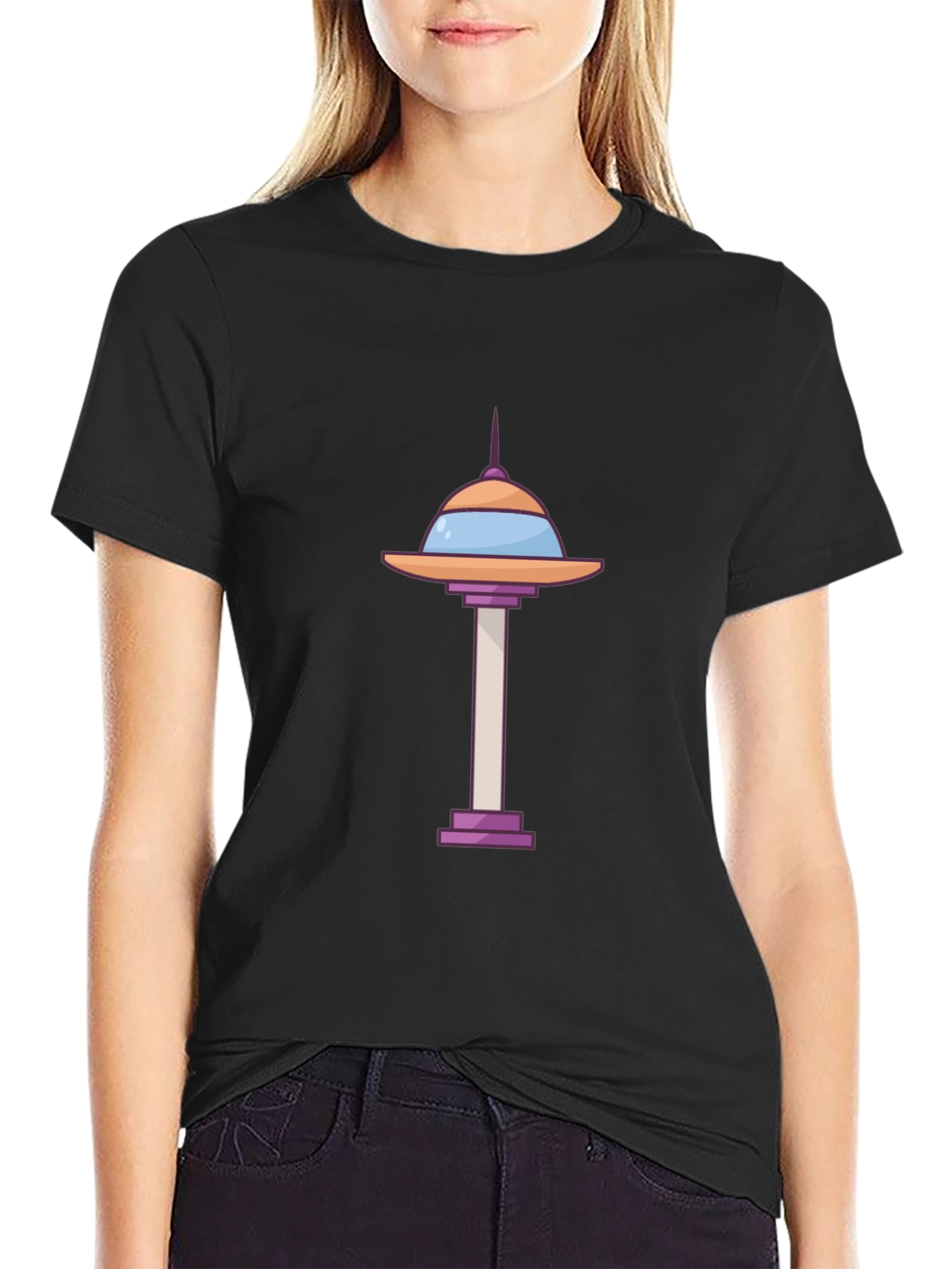 Black Cartoon Space Needle Black T-Shirt view 2