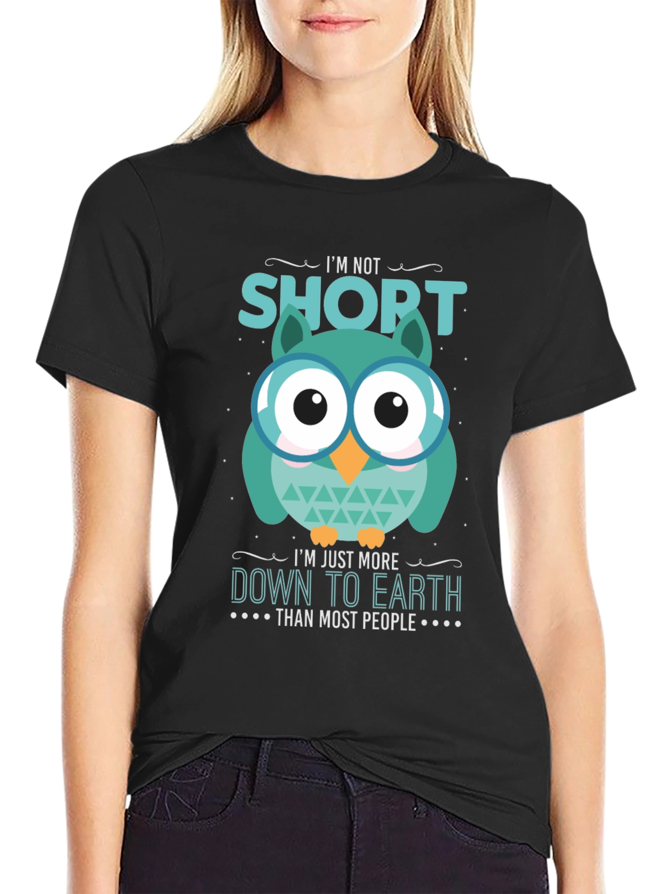 Black Funny Owl T-Shirt: I'm Not Short, Down to Earth view 2