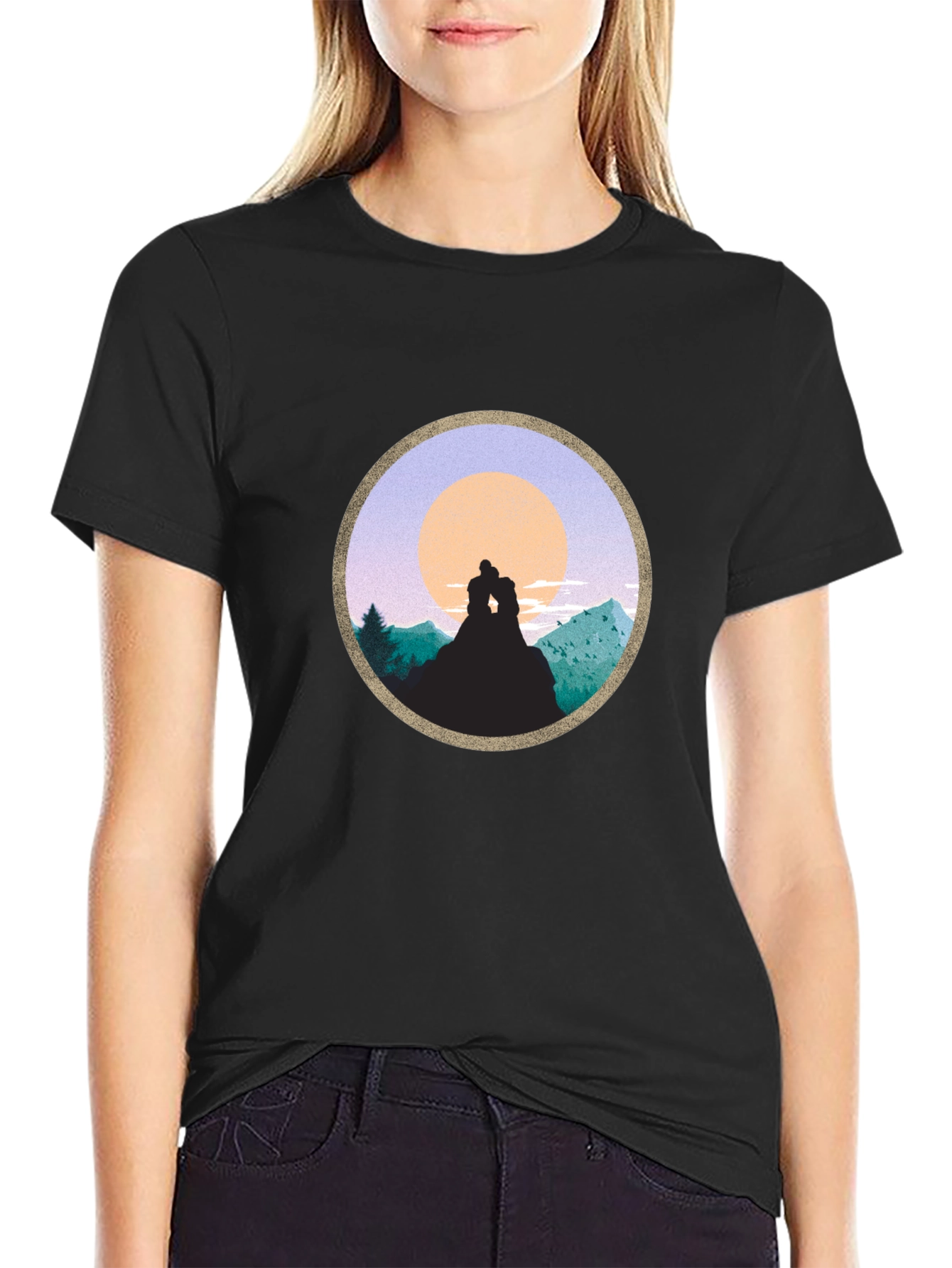 Black Romantic Sunset Mountain T-Shirt view 2