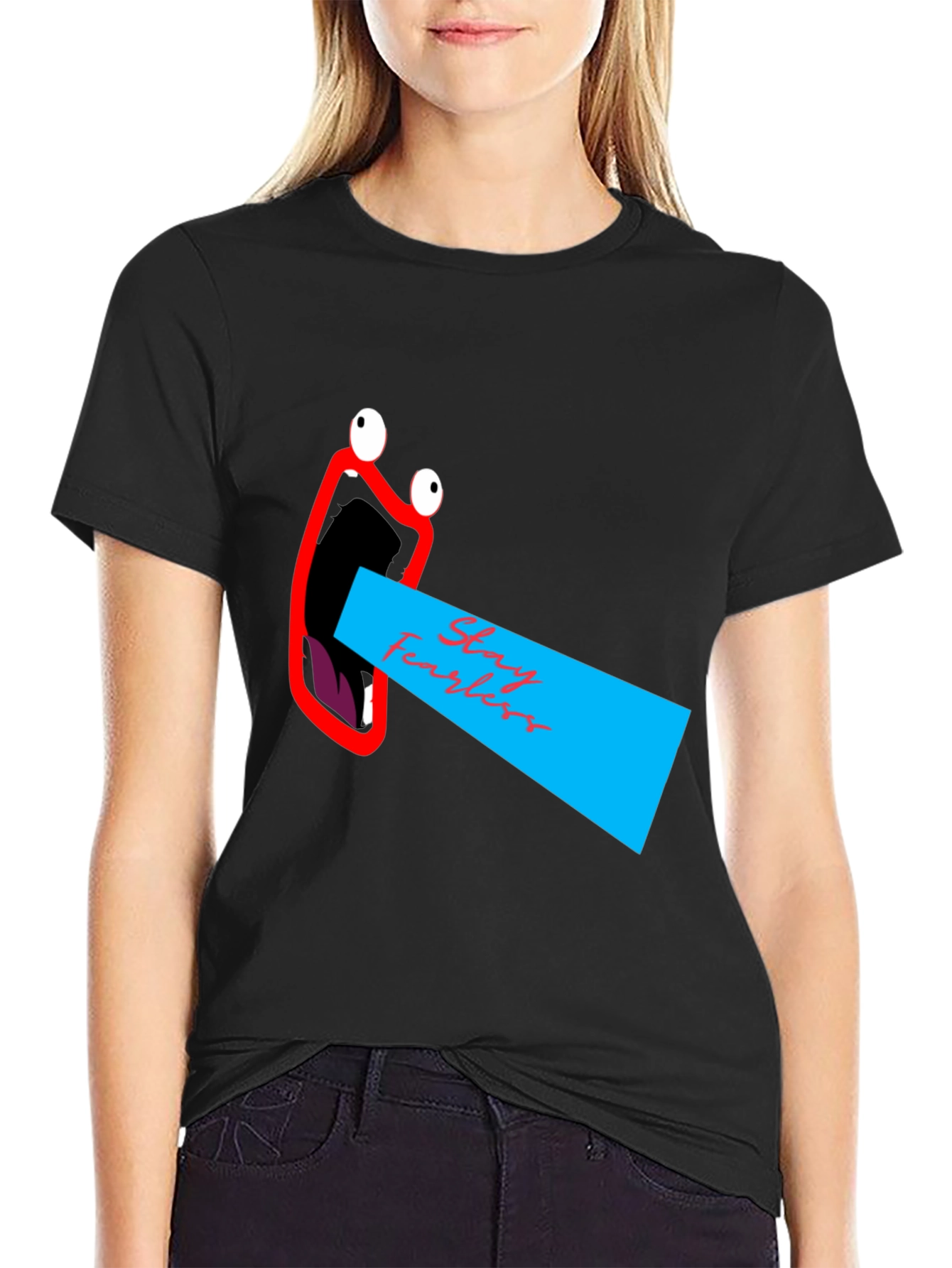 Black Stay Fearless Graphic Tee - Unique Mouth Design view 2