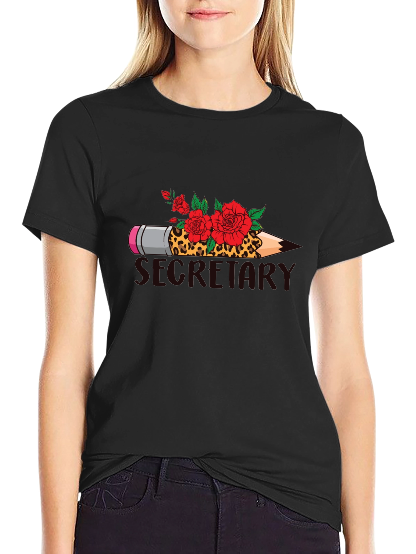 Black Secretary Pencil and Rose T-Shirt view 2