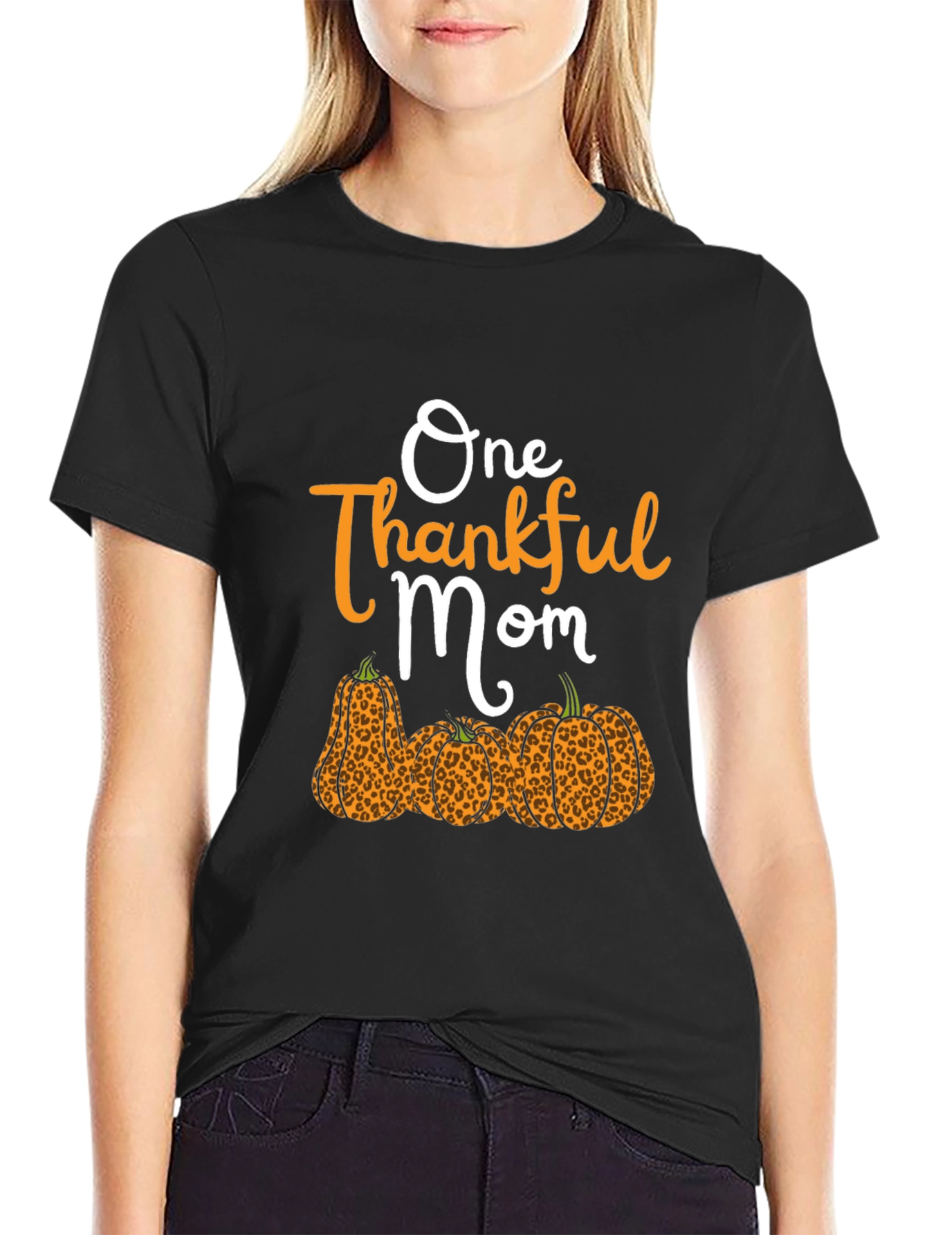 Black One Thankful Mom Leopard Pumpkin T-Shirt view 2