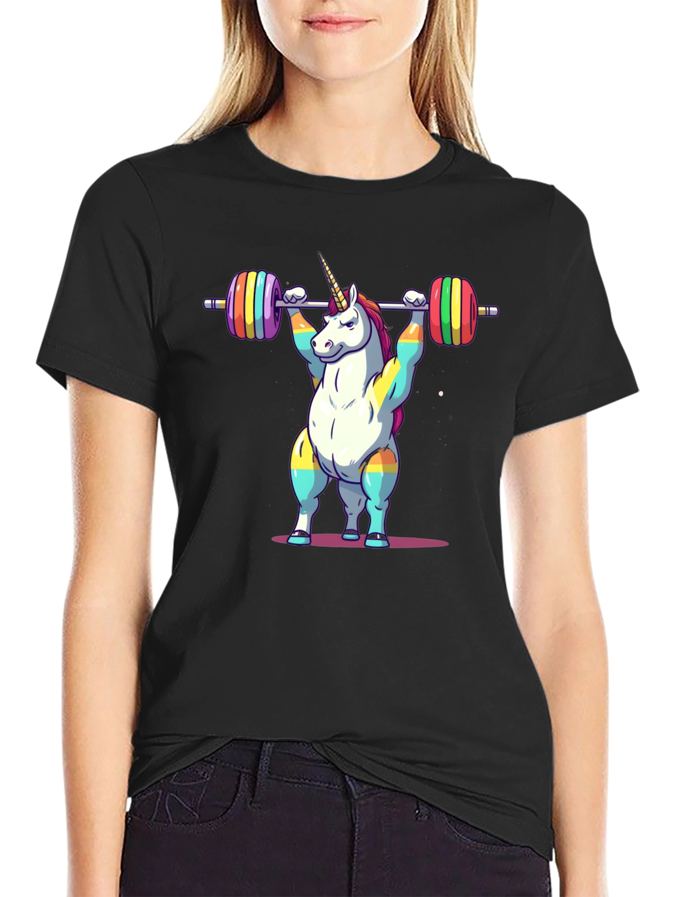 Black Unicorn Weightlifter T-Shirt - Rainbow Barbell Design view 2