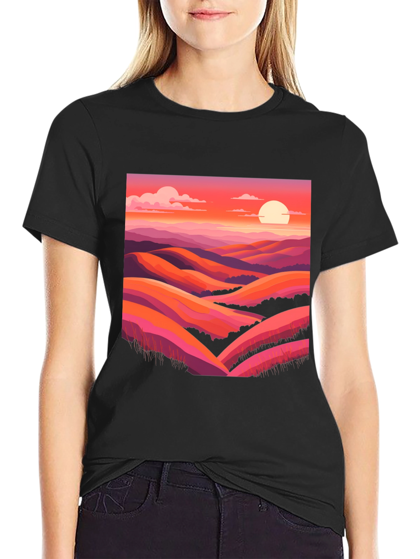 Black Sunset Hills Graphic Tee - Retro Landscape Shirt view 2
